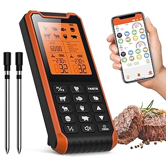 NoeiiT 500FT Wireless Meat Thermometer with 2 Probes-Rechargeable, Smart Digital Cooking Thermometer with APP Alarm Function Preprogrammed Temperatures for Grilling Smoking Oven BBQ
