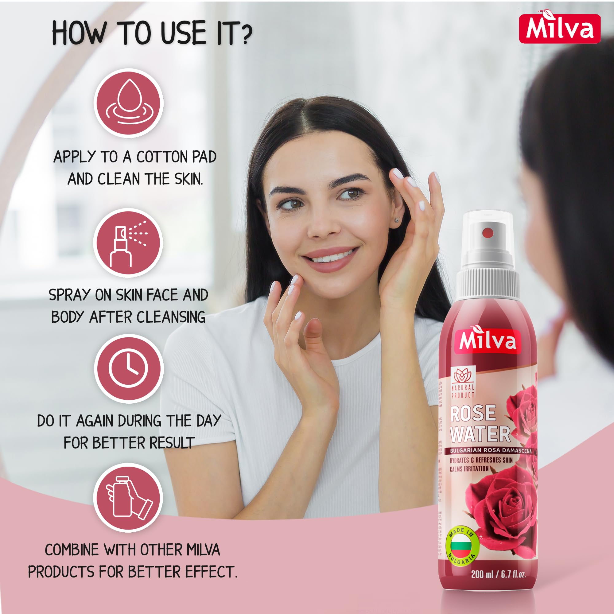 Milva Acqua di Rose Spray Idratante per Corpo e Viso, 200 ml – Tonico Spray Rinfrescante con Olio di Rosa Damascena Bulgara – Struccante Senza Alcol – Acqua di Rose Naturale anche per Capelli