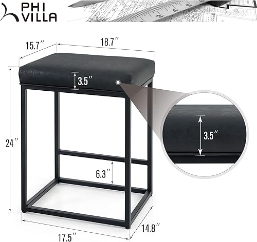 Miniatura 9 de PHI VILLA Juego de 4 taburetes de bar de cuero gris, sillas de altura de mostrador sin espalda, taburetes de bar de 24 pulgadas para isla de cocina