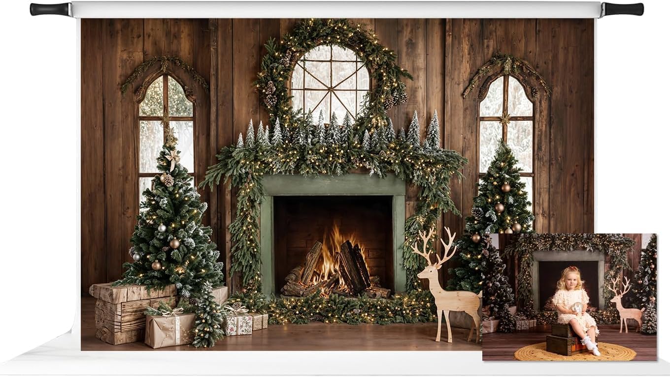 ケイトクリスマスツリー木製暖炉リース鹿背景写真背景スタジオ小道具、7x5フィート