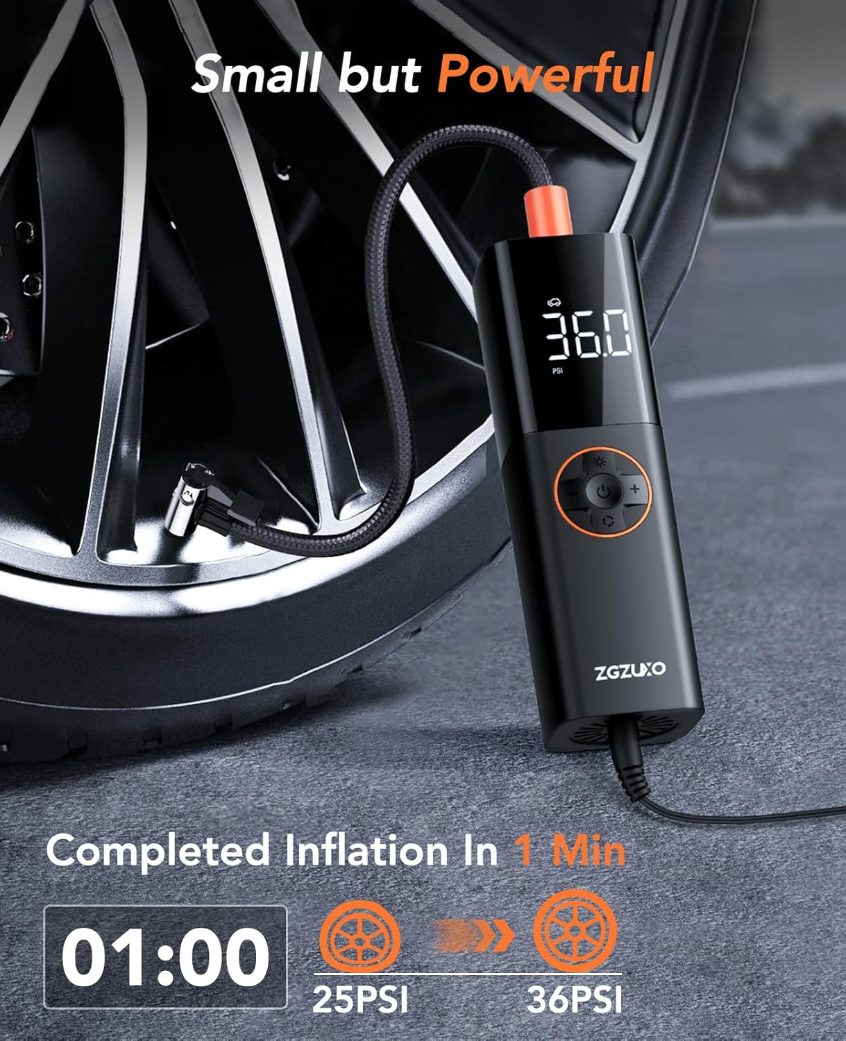 ZGZUXO portable tire inflator inflating a car tire, showing 'Completed Inflation In 1 Min' from 25 PSI to 36 PSI.