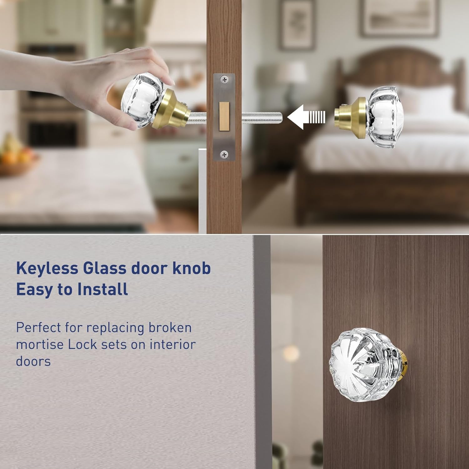 Glass Door Knobs Interior，Mortise Style Fluted Crystal Antique Door Knobs Replacement Set，for Home Interior (Gold, 2 Pack)