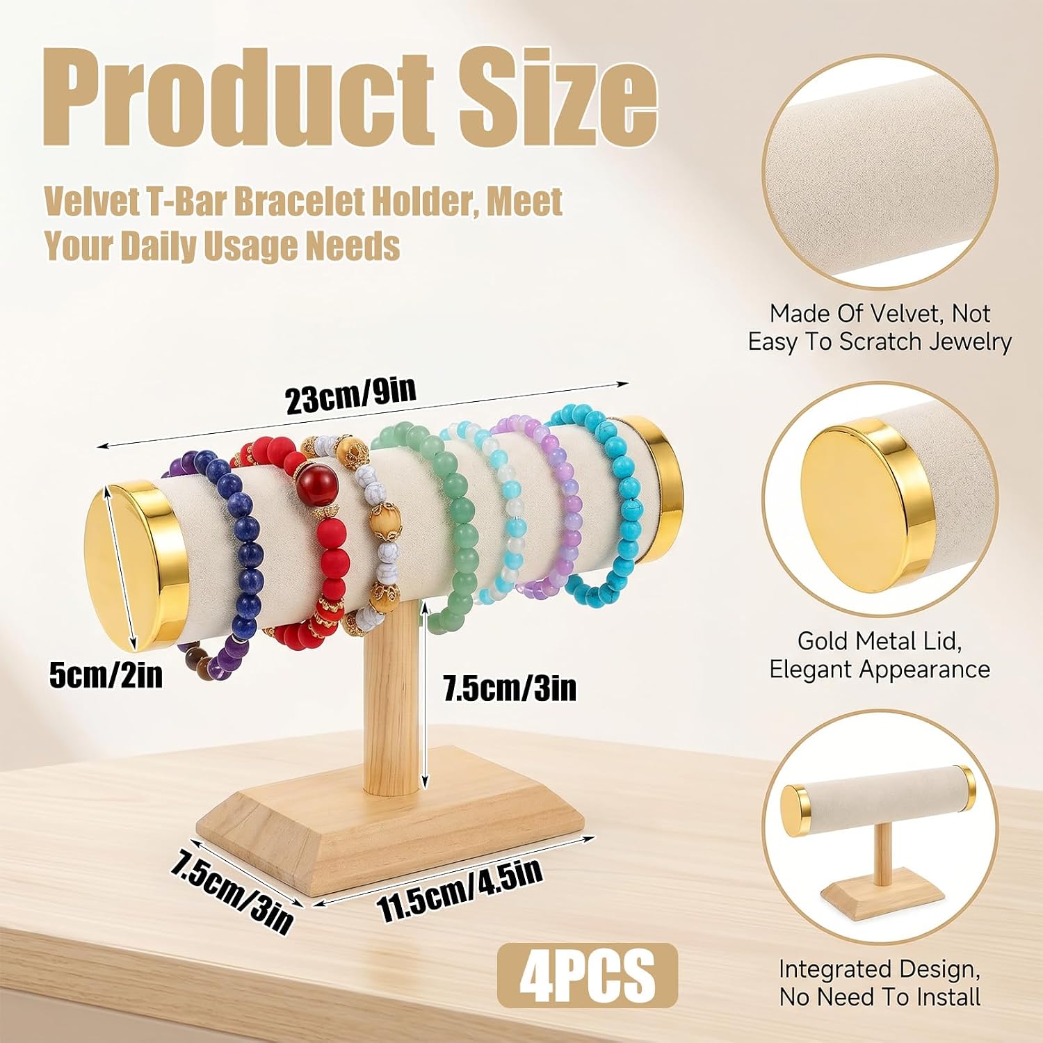 4 Pcs Velvet Bracelet Display Stand Gold Ends White for Jewelry Organizer