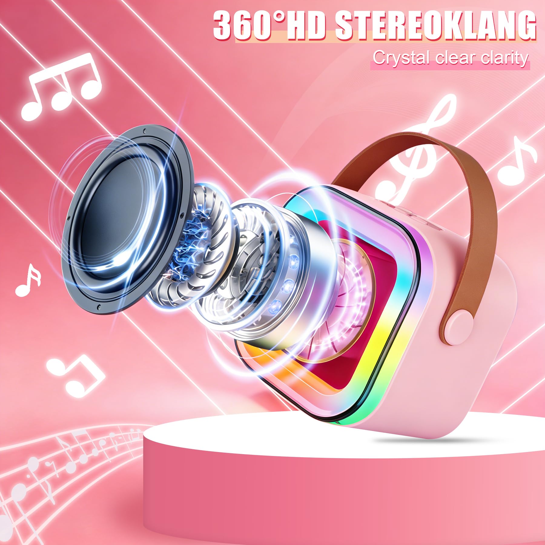 Karaoke Maschine mit 2 Funkmikrofonen für Kinder und Partys | Bluetooth 5.3, 4 LED-Effekte, 4 Voice-Changer, TF/USB/AUX, 5-8h Akku, Praktischer Tragegriff, ab 3 Jahren, USB-aufladbar