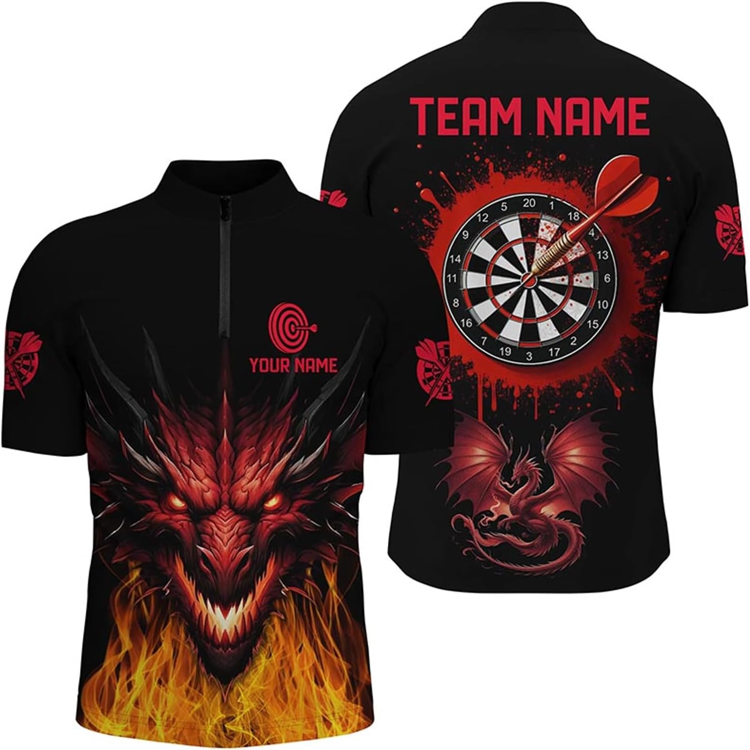 Custom Dragon Darts Shirts for Men Black Red Darts Jerseys Team League Quarter Zip Shirts T1451
