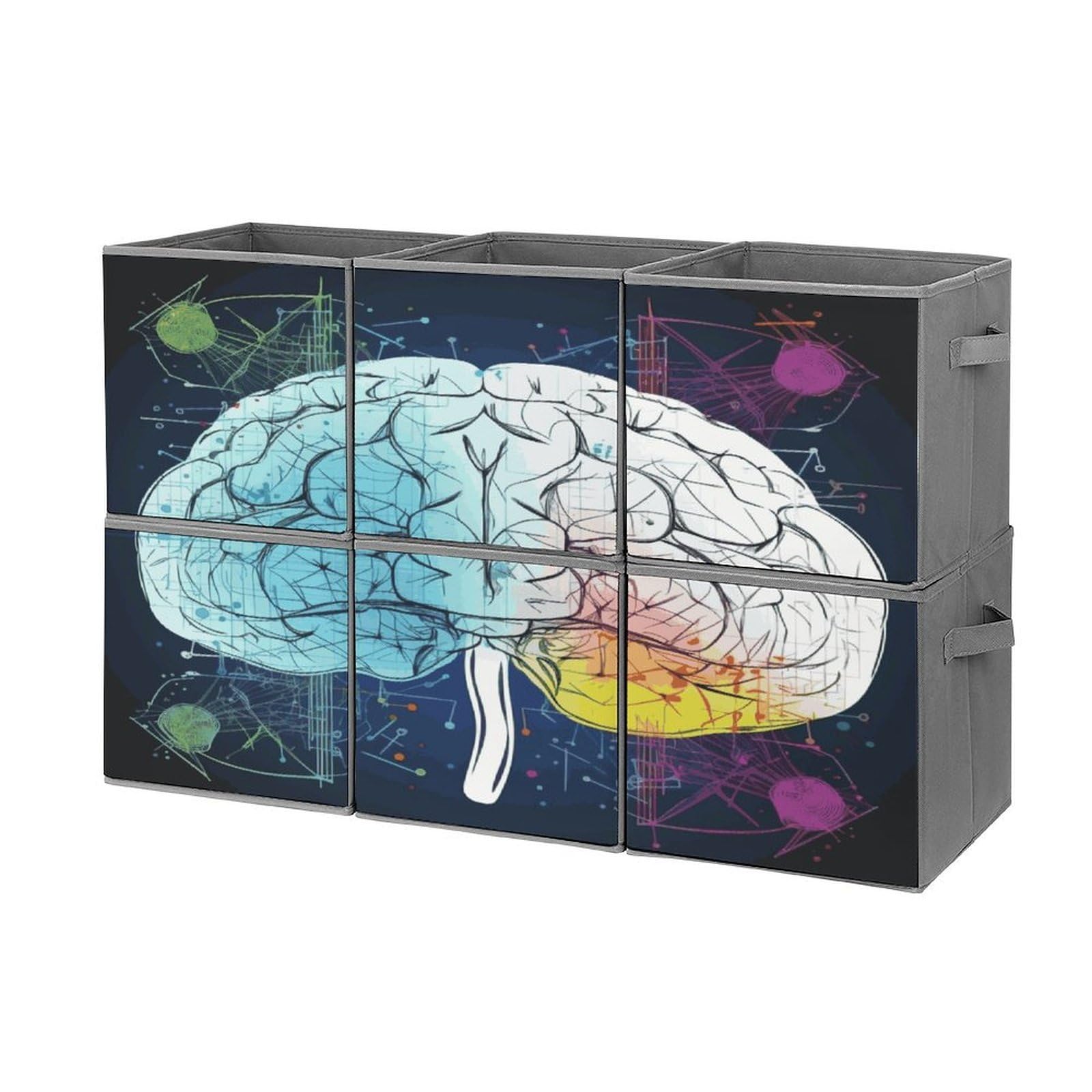 Fekiloot Style Geometry Brain Image With Science Storage Bin For Foldable And Handles,Closet Organizer Of 6-Pack Stackable,Storage Box For Living,Room, Office,Bedroom,Closet