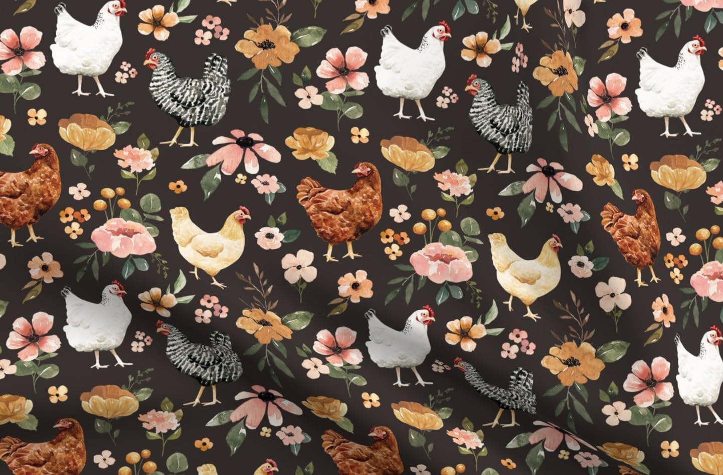 Spoonflower Fabric - Farmhouse Chickens Hens Watercolor Peony Pink Floral Farm Animals Printed on Petal Cotton Fabric Fat Quarter - Sewing Quilting Apparel Crafts Decor