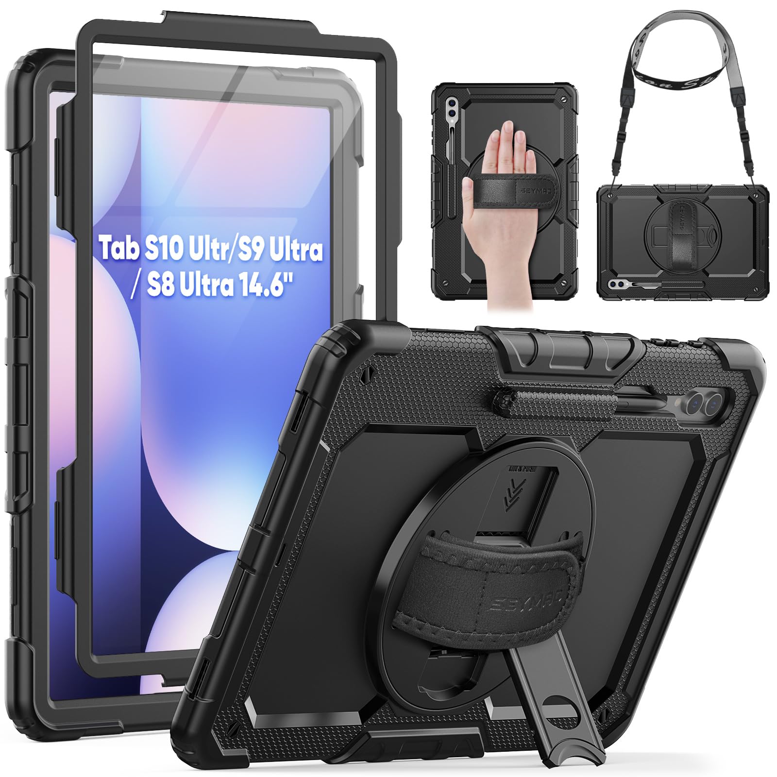 SEYMAC Hülle für Samsung Galaxy Tab S10 Ultra / S9 Ultra 14,6 Zoll 2024/2023, Stoßfeste Hülle mit Displayschutz, 360° Drehbarem Ständer/Handschlaufe, Schultergurt, Stifthalter, Schwarz