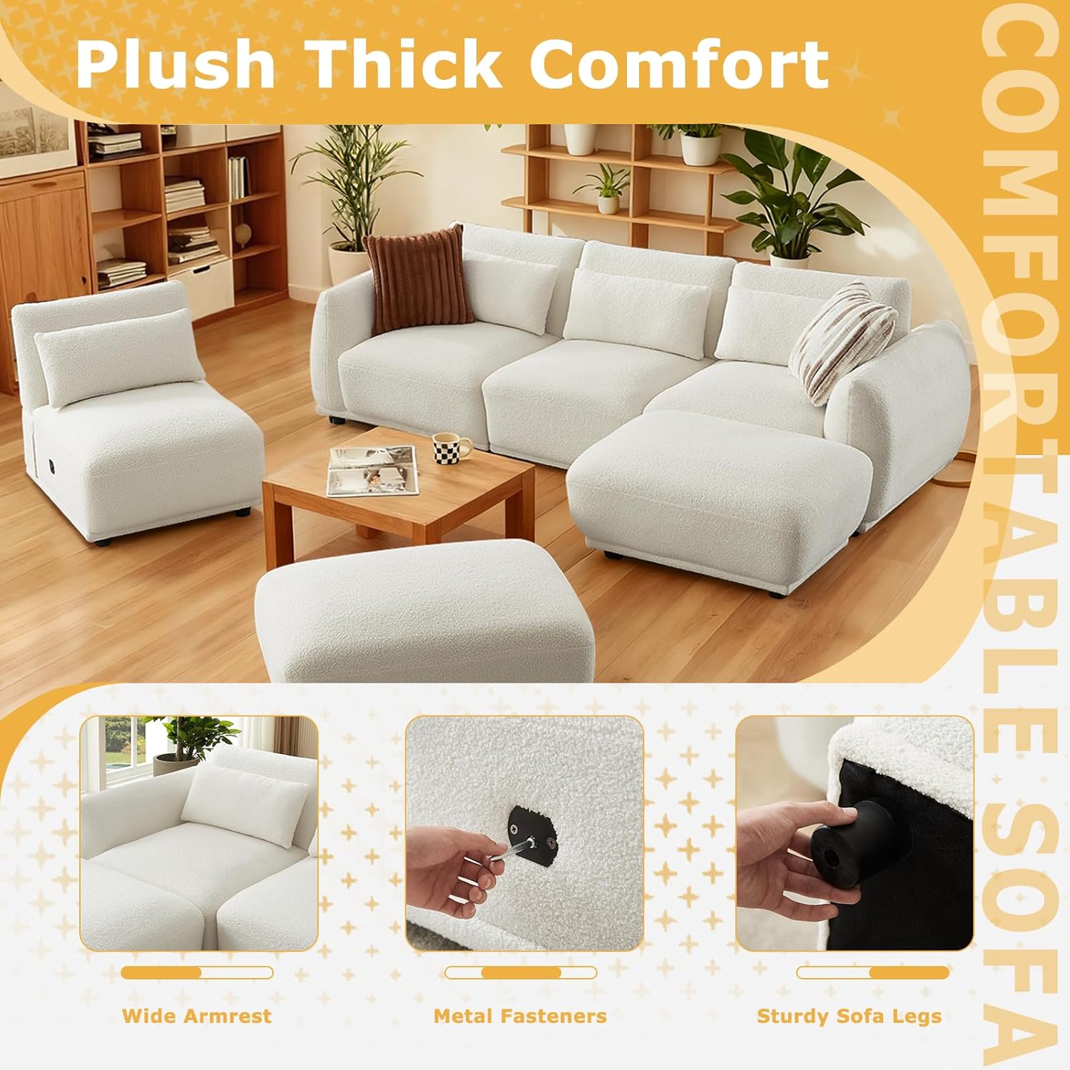 Boucle Sectional Couches for Living Room,Comfy Upholstered Modular Sectional Sofa,U Shaped Couch,L Shape Sofa with Removable Ottoman.(4Seats&2Ottoman-Beige White)