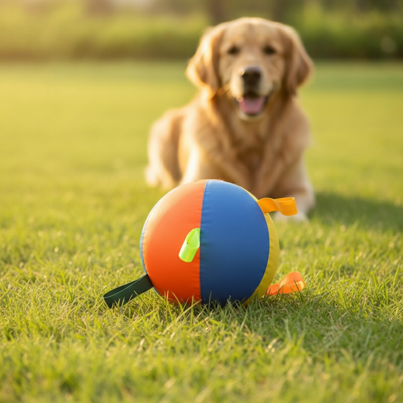 Balle d'Entraînement Canin Balle Interactive pour Chien avec Lanières Jouet de Tirage Sphère Gonflable en Tissu Oxford et Chambre à Air PVC Adaptée au, Multicolore, Grand 55cm