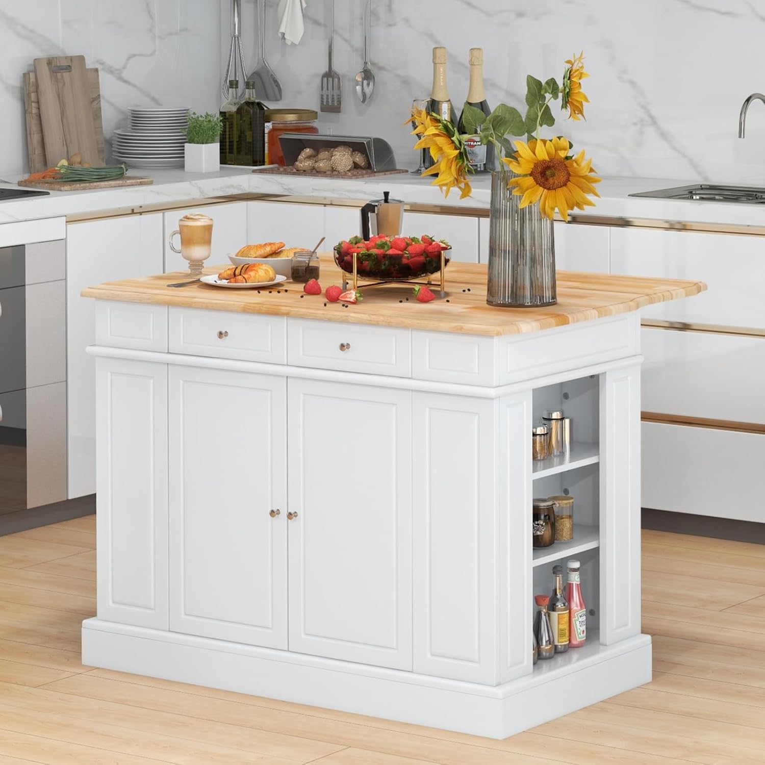 DORTALA Kitchen Island with Drop Leaf, Kitchen Island Table with Rubber Wood Butcher Block Countertop, 2 Drawers, Spice Racks & Adjustable Storage Cabinet, Coffee Bar Cabinet for Dining Room, White
