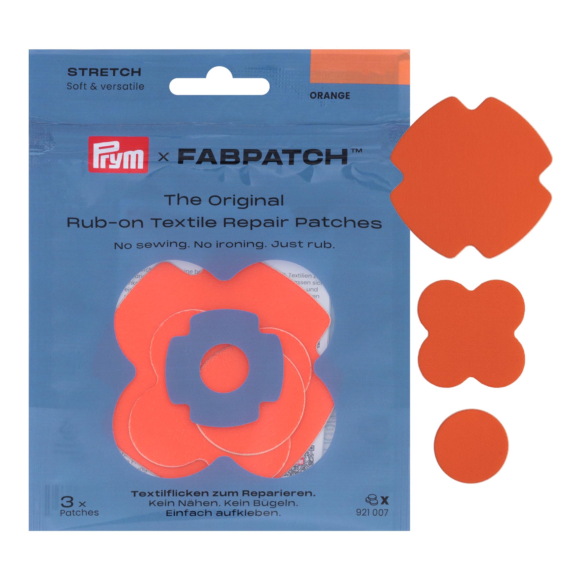 Prym 921007 FabPatch Stretch Rub-on Patch Orange (Pack of 3) - Self-Adhesive Bi-Elastic Repair Patches for Sportswear, Leggings, Jackets & Trainers - Textile Repair Without Sewing & Ironing