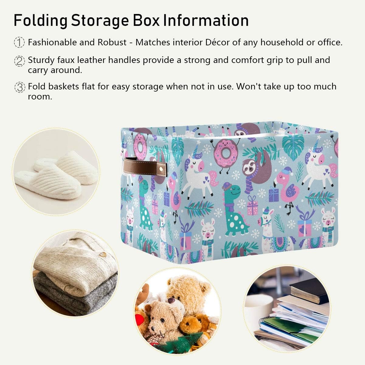 senya Large Foldable Storage Basket, Animals Llama Sloth Dinosaur Fabric Storage Bin Organizer Bag with Handles 15 x 11 x 9.5 inch