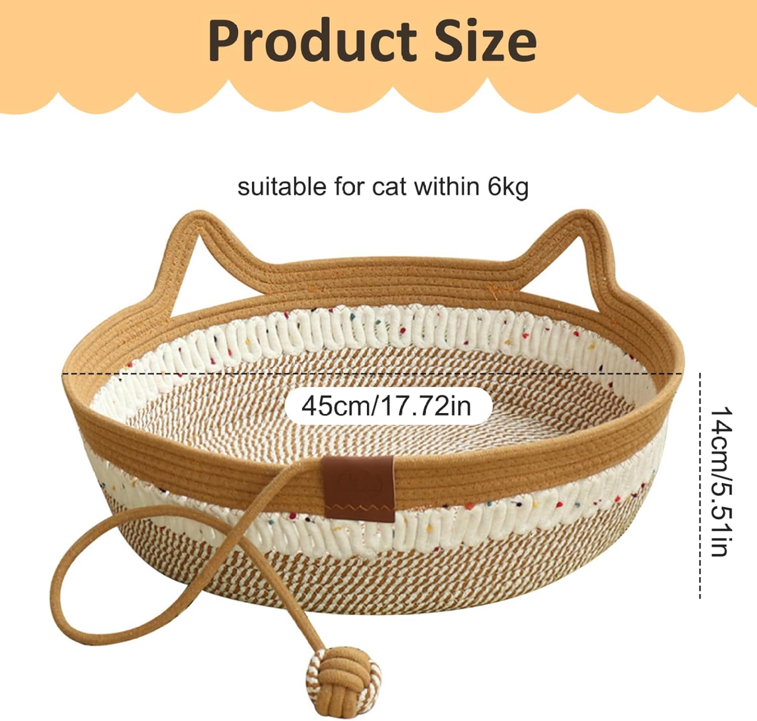 Cat Basket Bed Cat Basket Foldable Cat Basket Bed Wear Resistant Wicker Cat Bed with Playing Rope Ball Washable Sleeping Nest Basket No Shredding Rattan Cat Bed for Indoor Cats Less Than 6KG