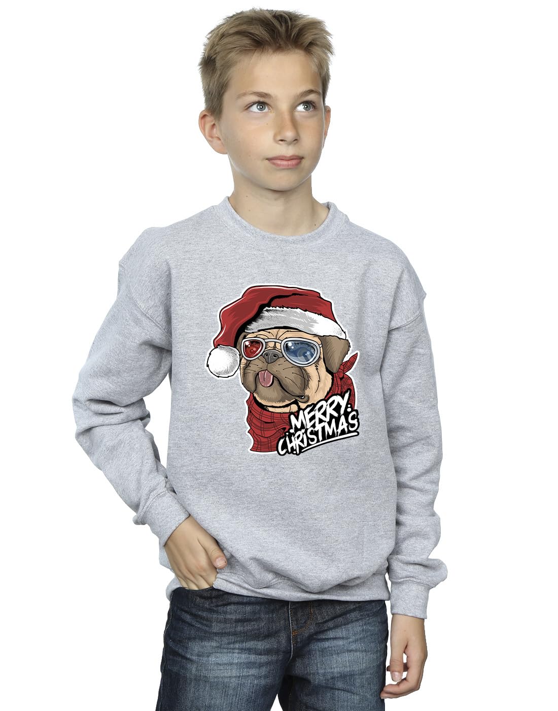 Absolute Cult Boys Sport Grey Christmas Pug Merry Christmas Sweatshirt 7-8 Years