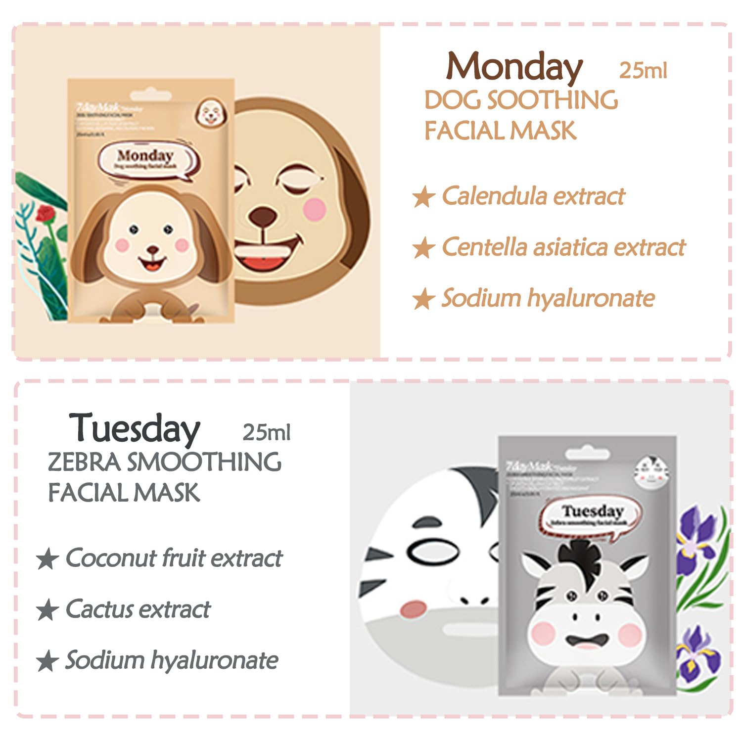 Sheet Face Mask Set, 7-Pack Hydrating & Moisturizing Facial Masks, Fun Animal Print for Kids & Girls - Image 3