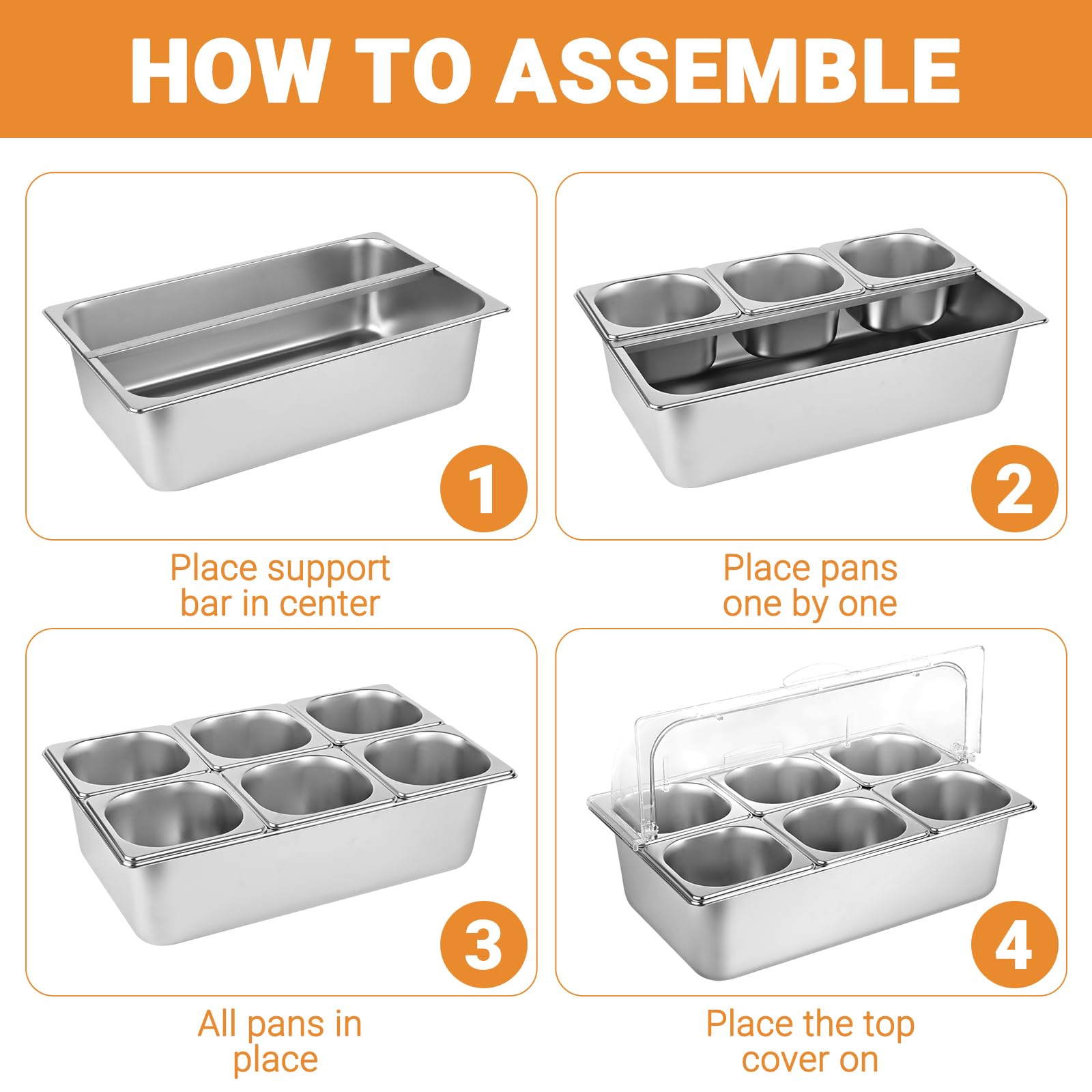 Contenitore da banco per servire alimenti con coperchio trasparente, vassoio da portata in acciaio inox, forniture per catering, buffet, condimenti, per ristoranti, hotel, cucina (6 padelle)