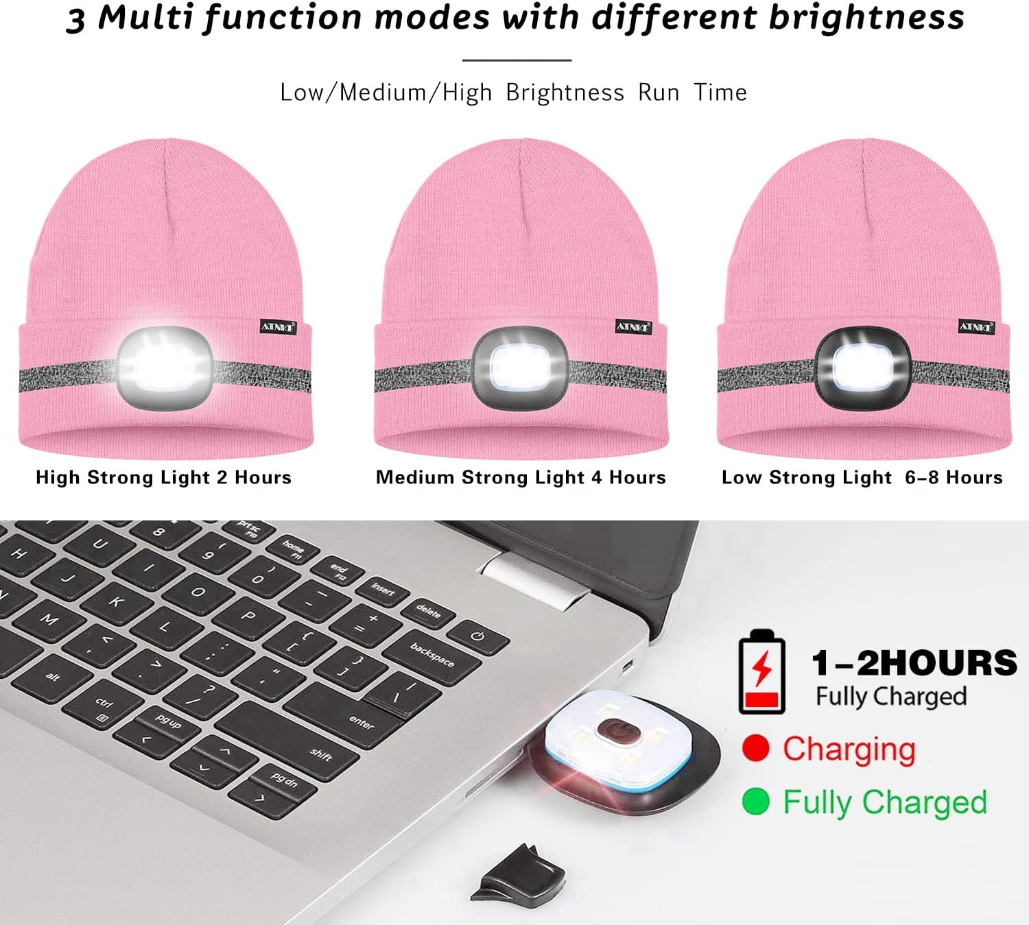 ATNKE LED Lighted Beanie Hat,USB Rechargeable 4 LED Run Headlamp with Reflective Stripe Cap Light Gift for Men and Women image 5