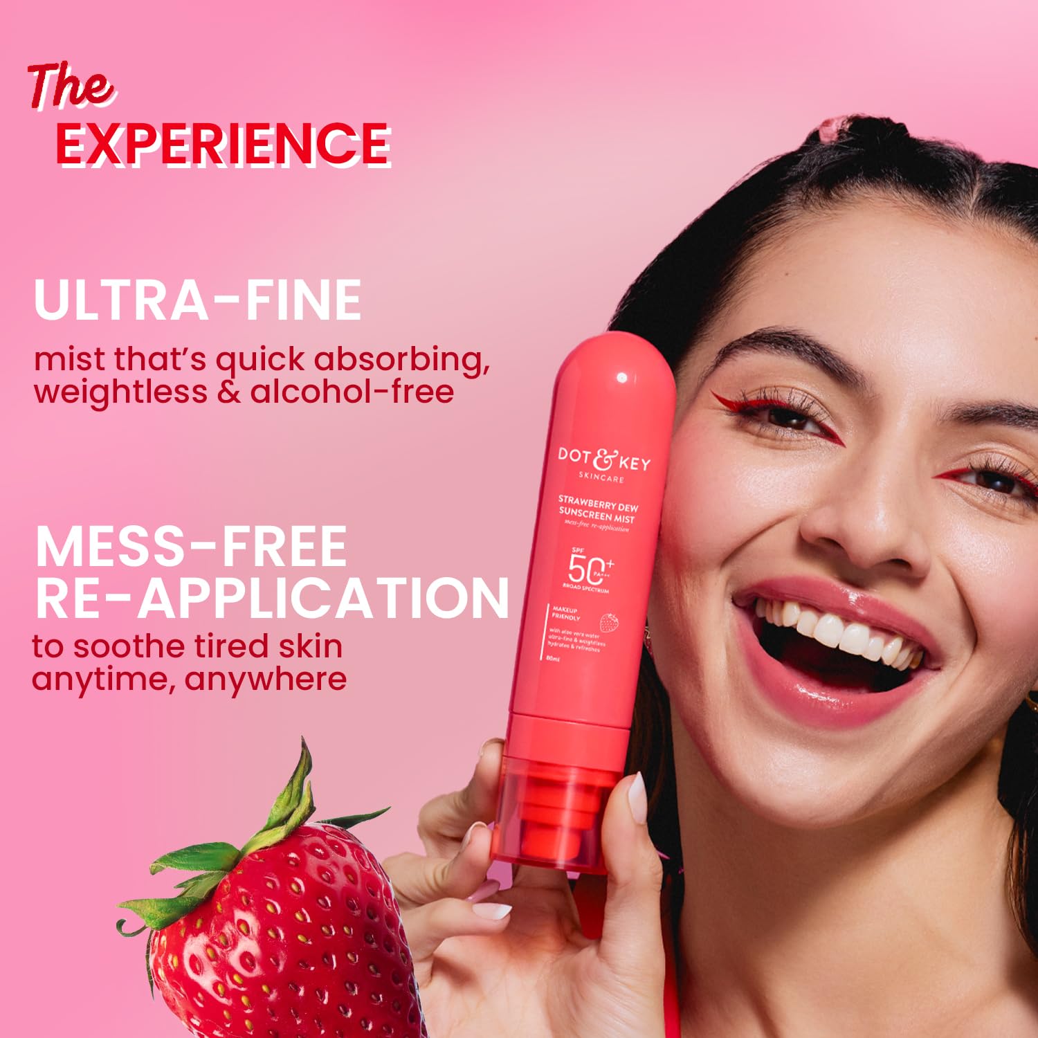 Dot & Key Strawberry + Niacinamide Sunscreen Mist SPF 50+ PA+++ | Brightens Skin, Makeup-Friendly, With Aloe Vera Water, Lightweight | Quick-Drying, Alcohol-Free, Hydrates & Refreshes | 80ml - Image 3