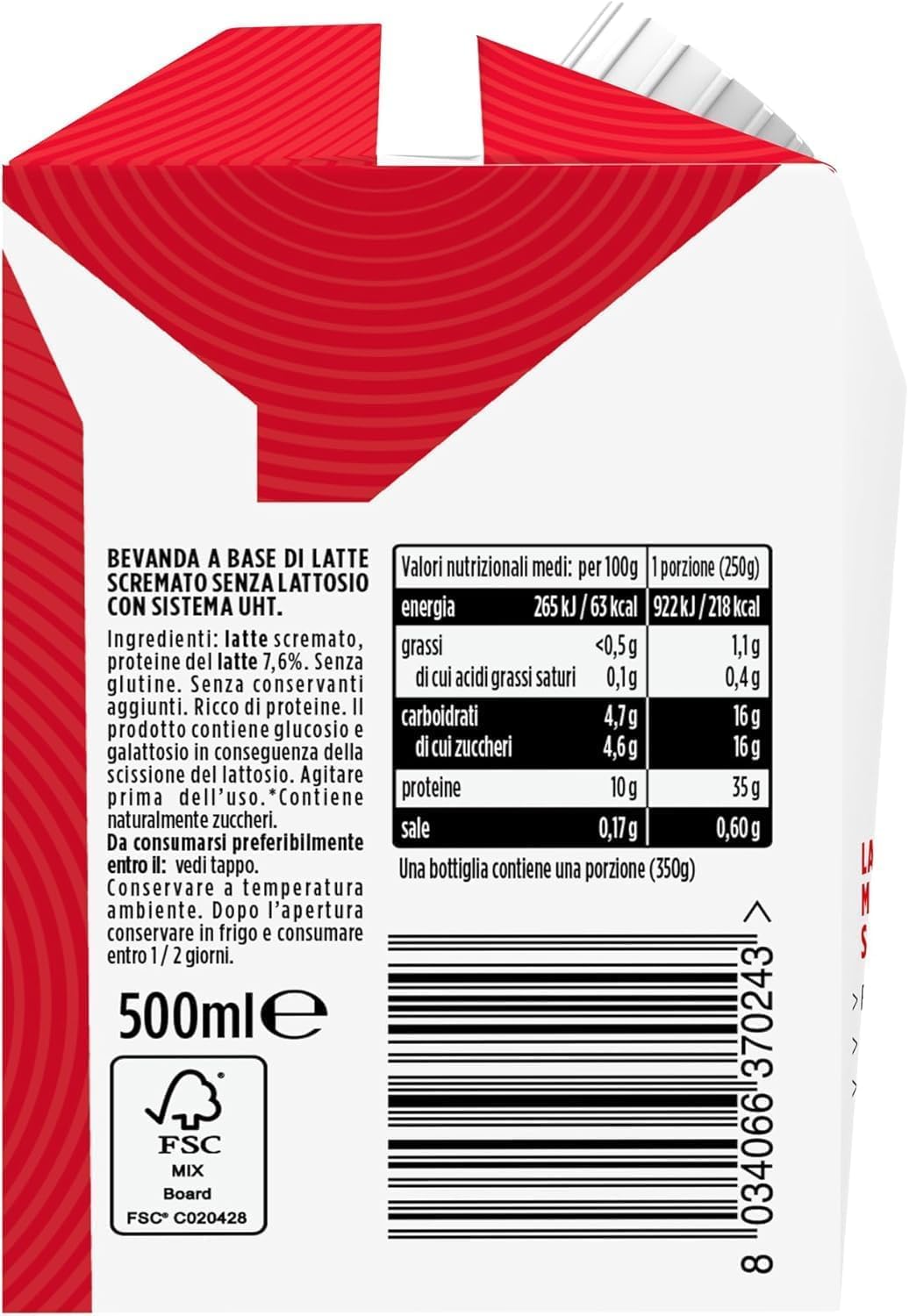 12 Milk Pro Protein Drink 40g di Proteine 12 Pezzi da 500ml Latte di Montagna, Senza Grassi, Senza Lattosio