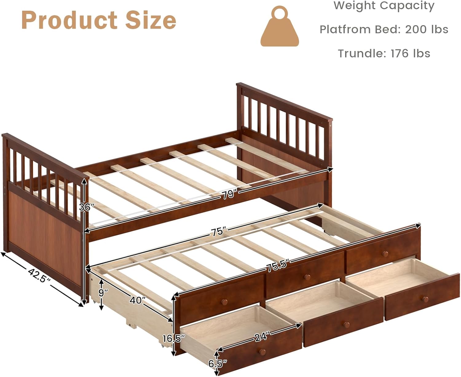 Product size and weight capacity for the DORTALA Twin Trundle Bed
