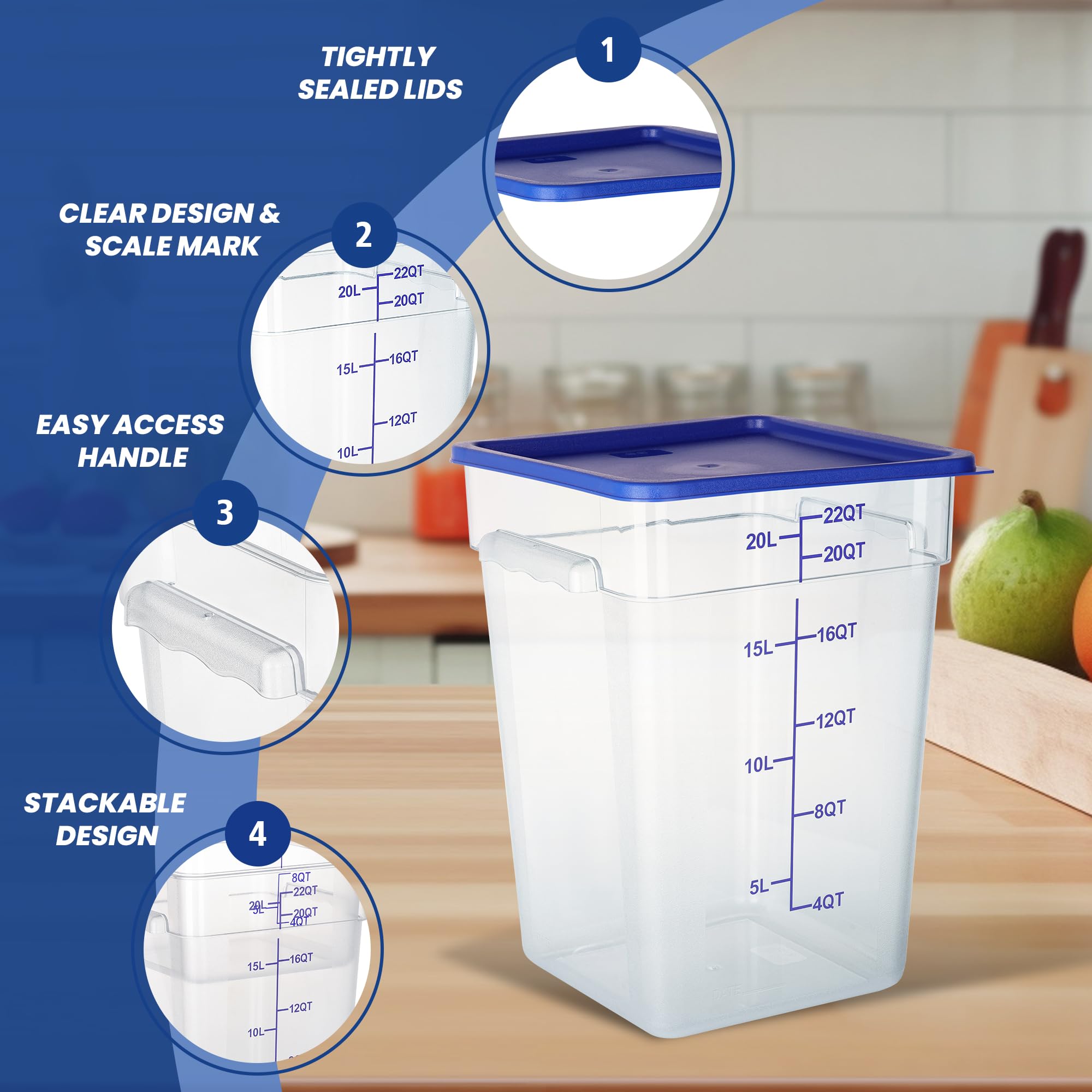 Lot de 4 boîtes de conservation alimentaire carrées en polycarbonate avec couvercles, 22 litres, NSF, transparent, nouvelle version