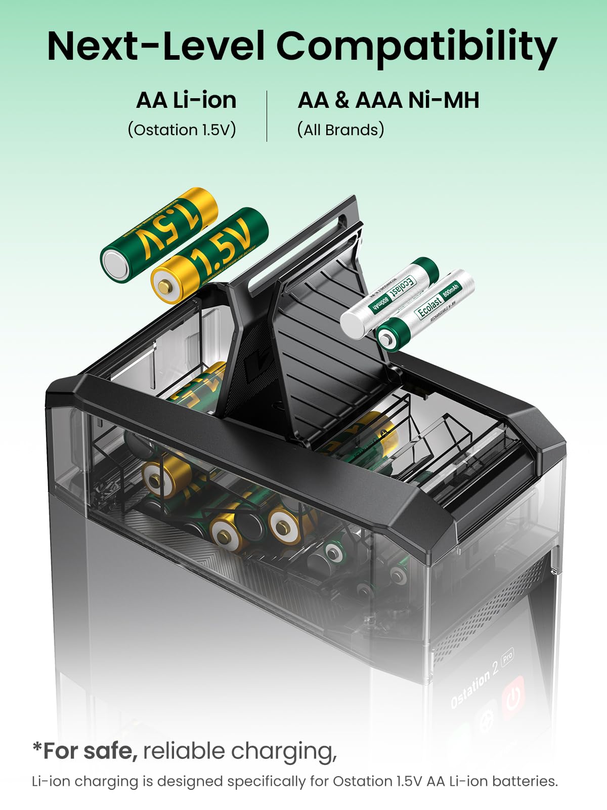 Ostation Stazione di ricarica per batterie ricaricabili AA AAA, 3 in 1, senza polarità, per NiMH e litio, auto-ordinamento Good & Bad, App, contiene 24 celle (w/12 AA Li-ion e 12 AAA NiMH)