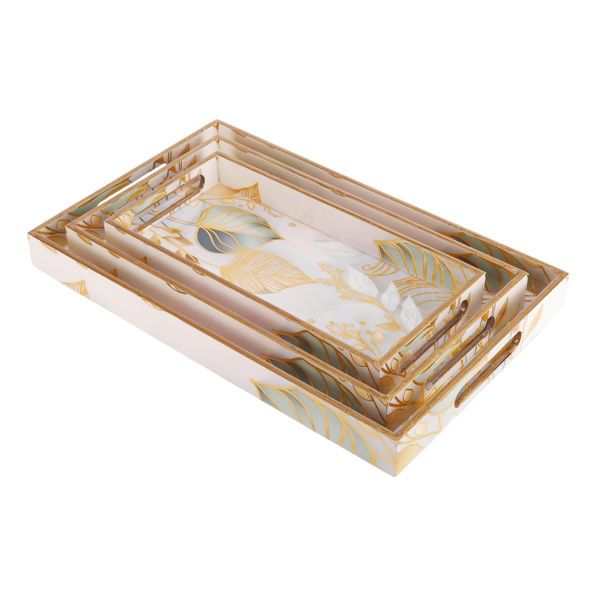 Handcrafted Wooden Tray - White Leaf Design -3 Handcrafted Wooden Tray - White Leaf Design -3