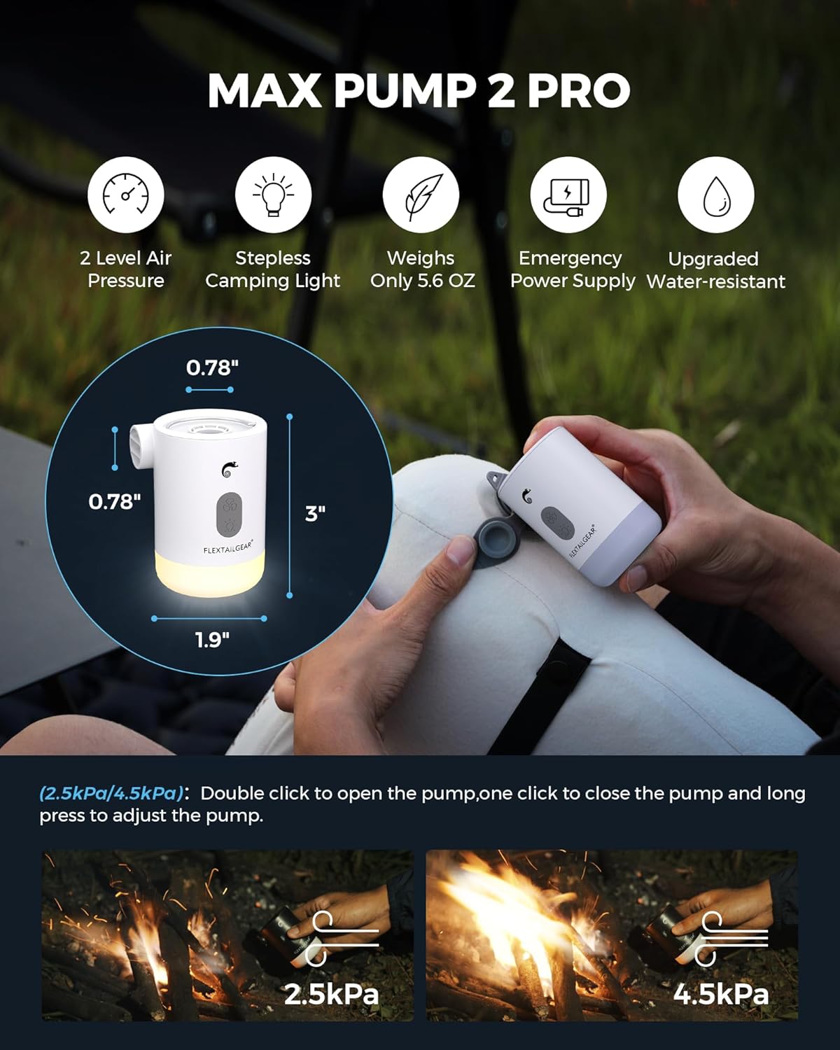 FLEXTAILGEAR 4.5kPa Air Pump for Inflatables, Portable Air Pump with Led Light, 3600 mAh Rechargeable Battery Air Mattress Pump Inflator Pump for Pool Floats Boats Sleeping Pads Inflatable Toys