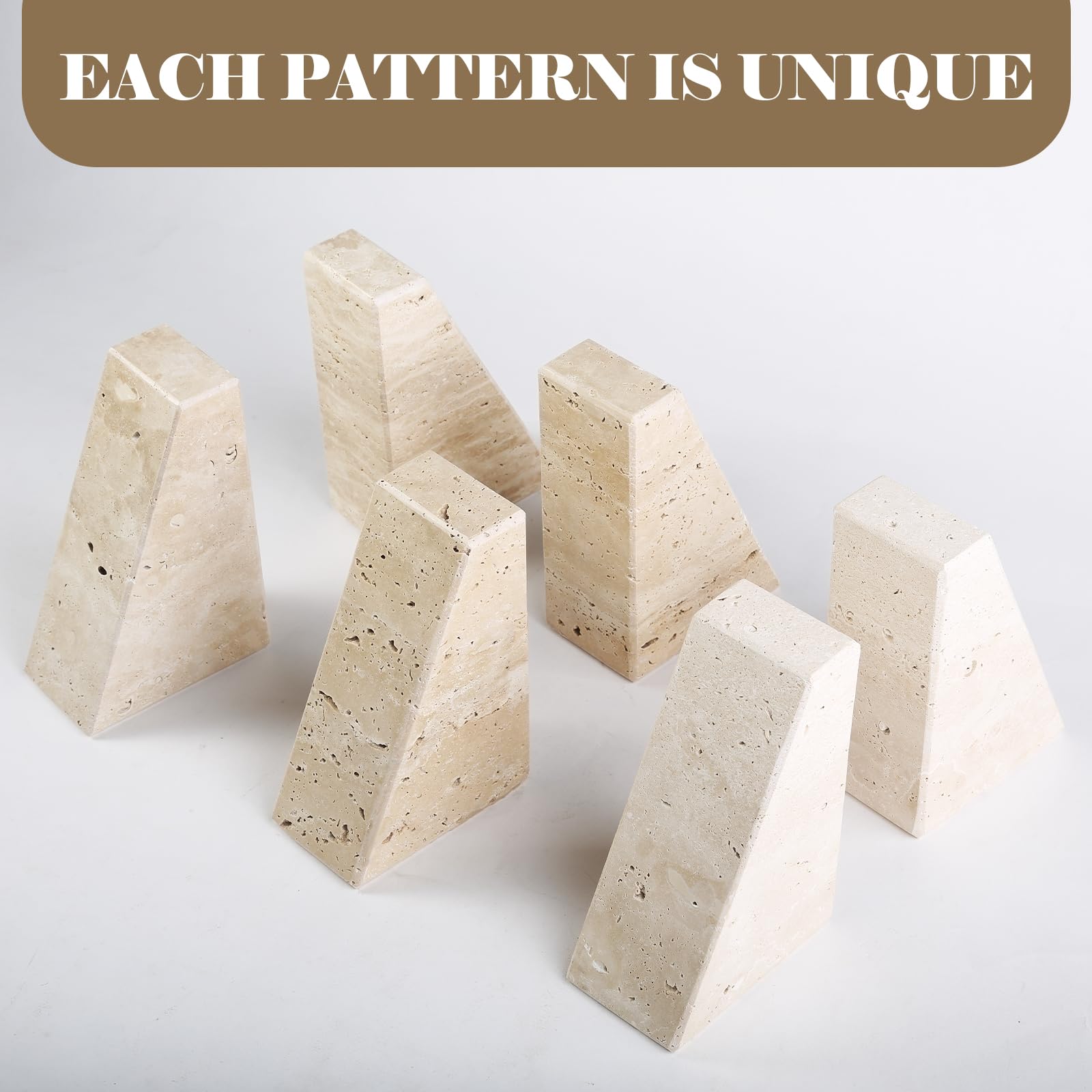 Karibiber Travertino Italy - Sujetalibros decorativos de mármol para estantes, sujetalibros de piedra resistentes para libros de tapa dura y libros de cocina, tapón y soporte únicos para libros
