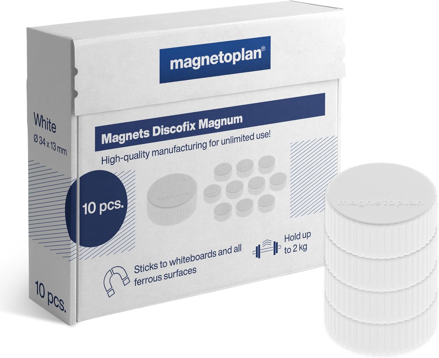 magnetoplan Premium Magnete Discofix Magnum | ØxH 34x13mm | 10 Stück, weiß | Haftkraft: 2 kg | Magnete für Magnettafeln und Whiteboards | Kratzfreie Spezialbeschichtung | Leicht abnehmbar