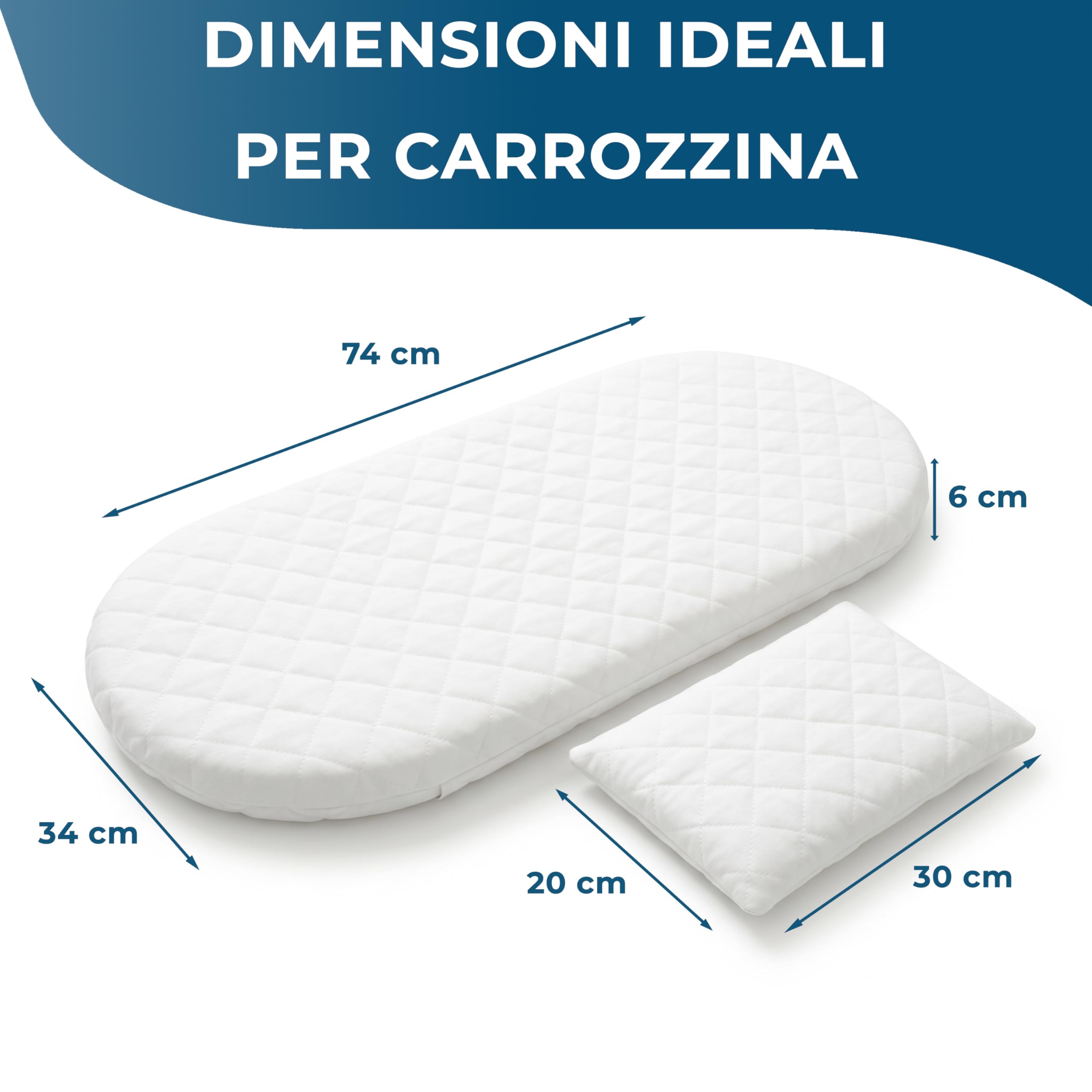 Manami® Materasso Culla e Navicella con Cuscino, Made in Italy, Cotone Trapuntato Sfoderabile, Materasso Carrozzina Traspirante per Neonato, 74x34x6 cm