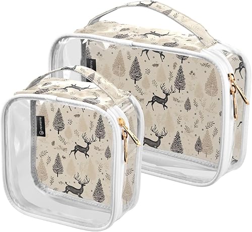 Christmas Deer Pine Clear Toiletry Bag for Traveling,2 Pack Makeup Cosmetic Bag with Zipper,Travel Bag for Toiletries,Travel Essentials 21215122