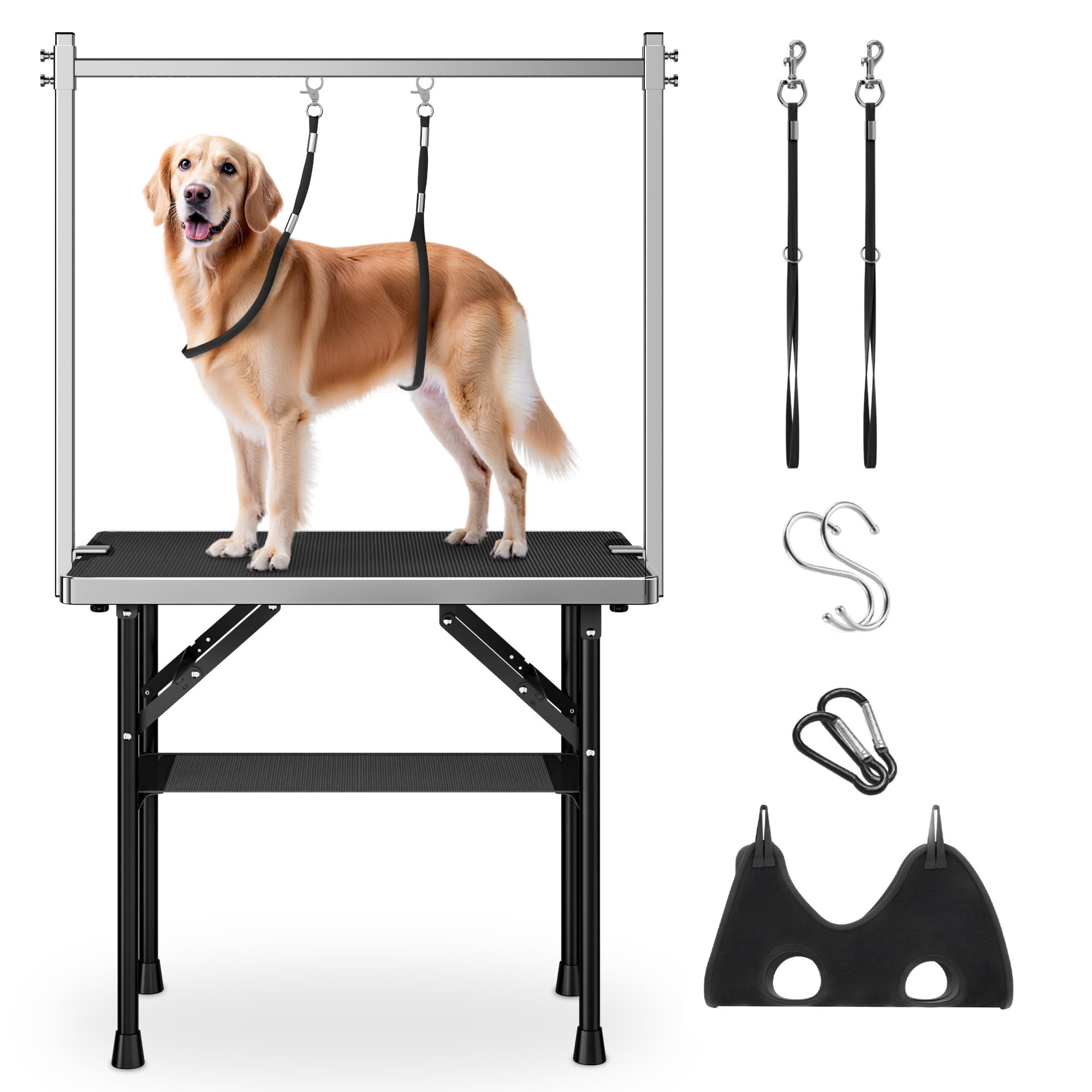 Photo 1 of niffgaff Dog Grooming Table with Arm, Hammock & Nooses, 30" H Foldable Heavy Duty Pet Grooming Station, 35.5" L×23.6" W Non-Slip Waterproof Tabletop, 33.5" Height Adjustable Stainless H-Frame Arm
