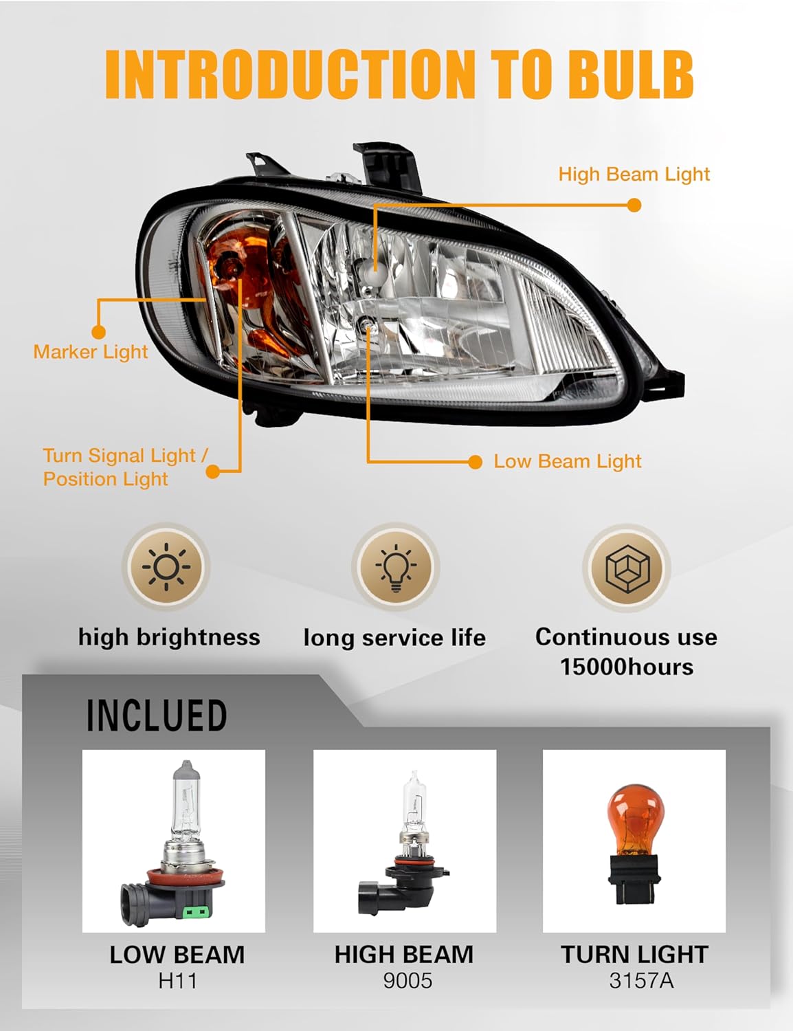 Halogen Headlight Compatible with 2003-2024 Freightliner M2 Headlamps Freightliner M2 100 106 112 Head Lights (Front Left)