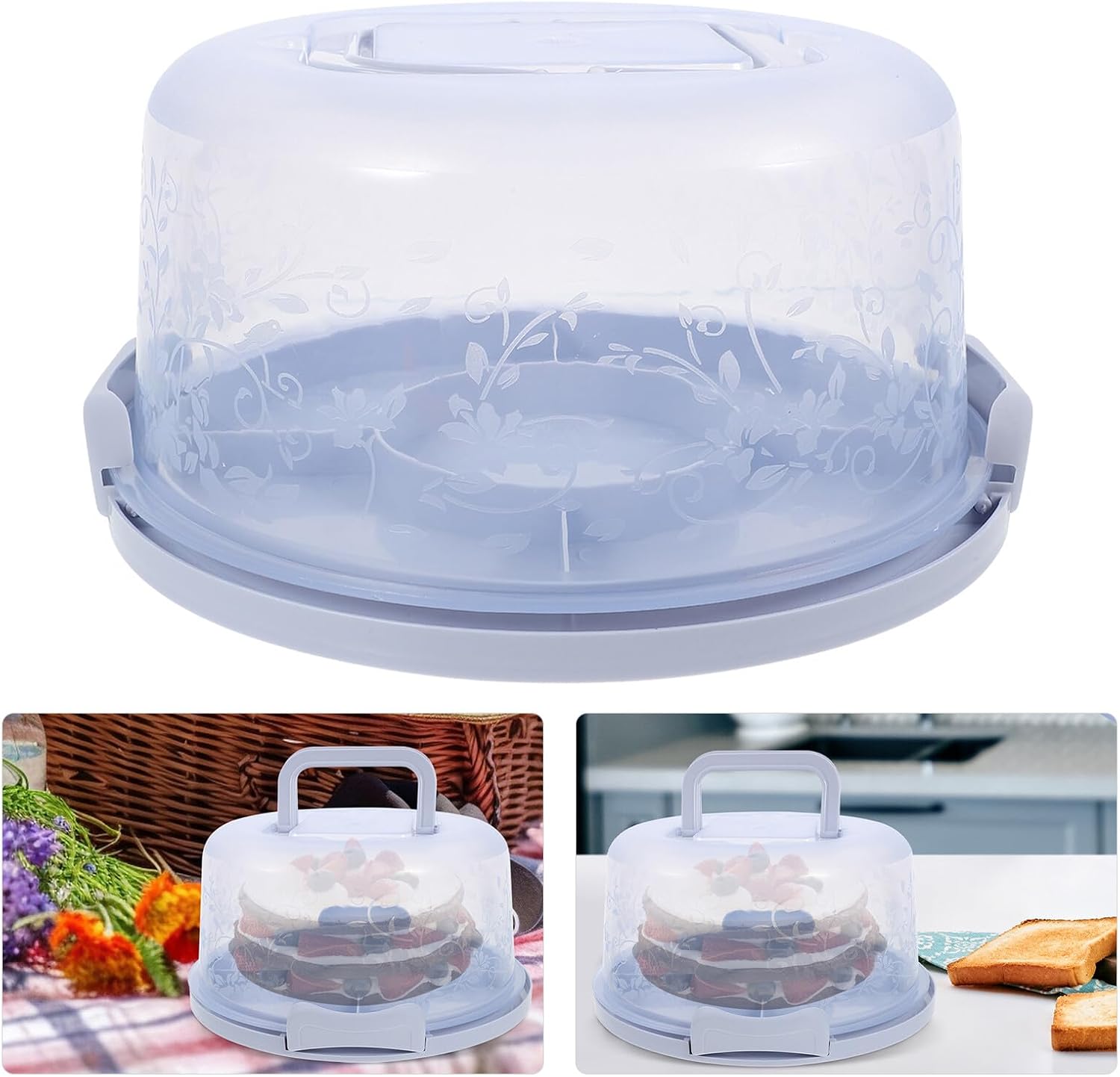 Portable 8-inch Cake Carrier with Handle and Lid Blue round Cake Storage Box and Dessert Packaging Multi-function Food Storage Container for Home Baking