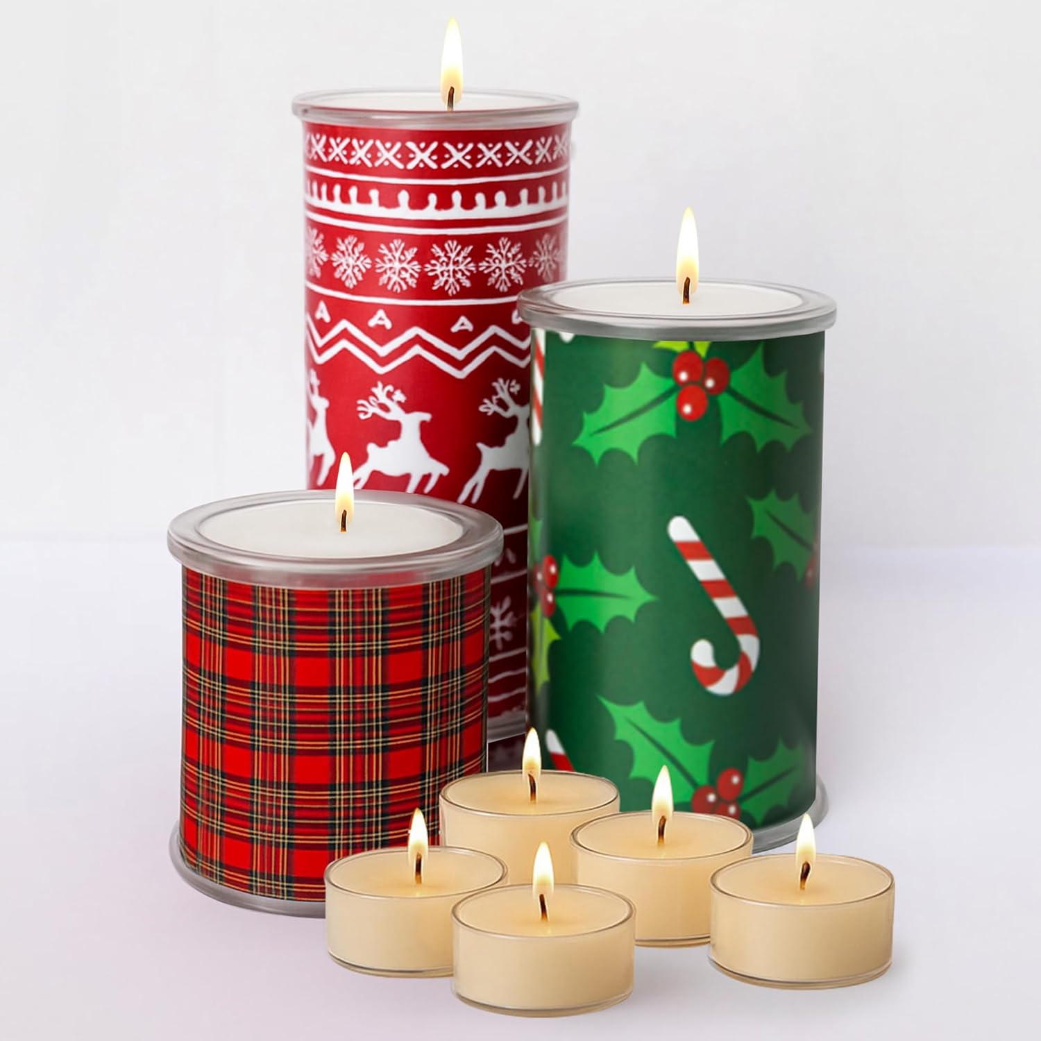 Decorative Candle Holder Set of 3 Home Decor, Reusable Interchangeable Pillar Candle System Decorative Wraps, Refillable Tea Light Centerpiece Candles for Holiday Decor, Table Styling & Gift Giving