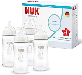 NUK First Choice Babyflaschen | 3+ Monate | 240 ml | Anti-Kolik-Babyflasche | Babyflaschen Babyflaschen Glas | Temperature Control Anzeige | Seepferdchen | 4 Stück