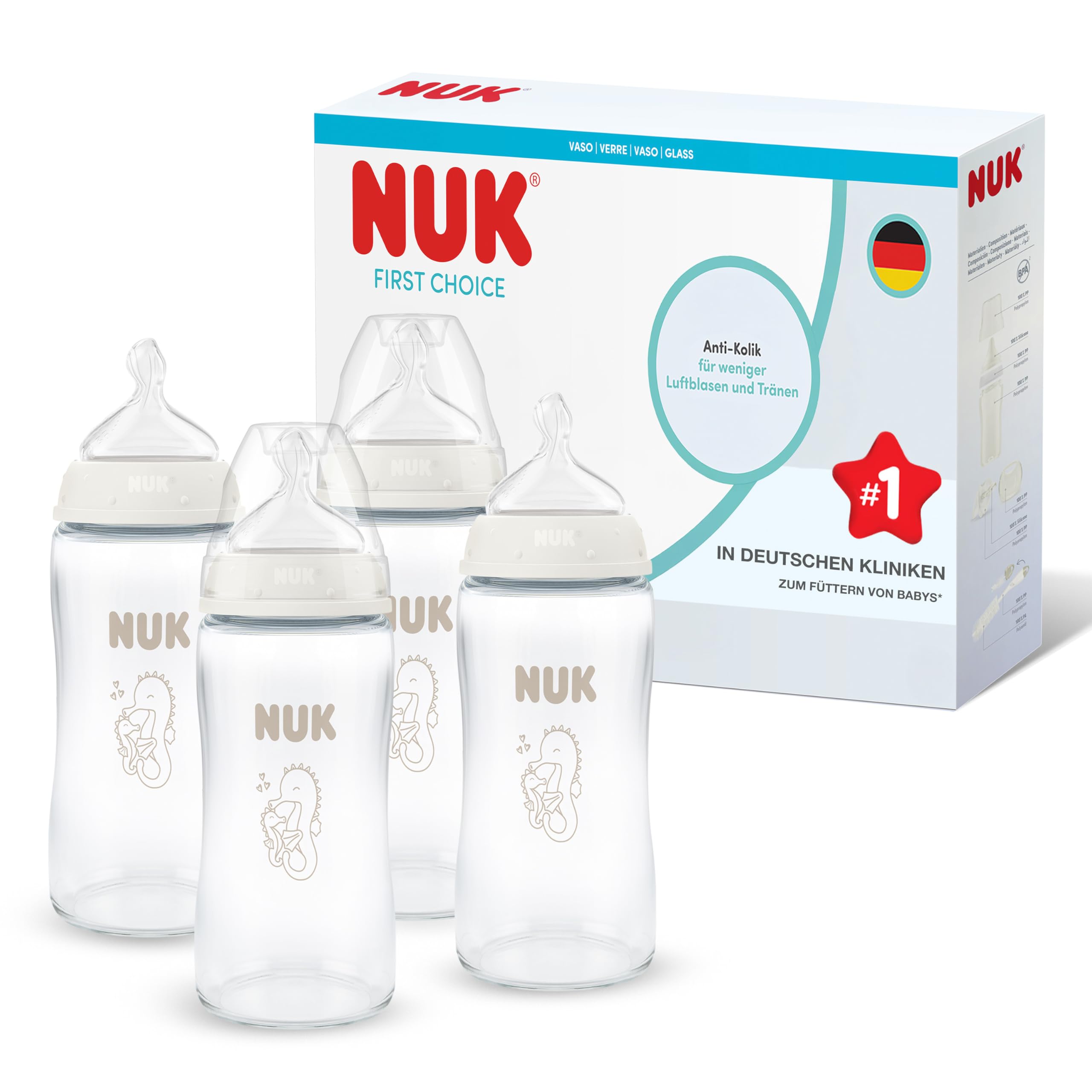 NUK First Choice Babyflaschen | 3+ Monate | 240 ml | Anti-Kolik-Babyflasche | Babyflaschen Babyflaschen Glas | Temperature Control Anzeige | Seepferdchen | 4 Stück