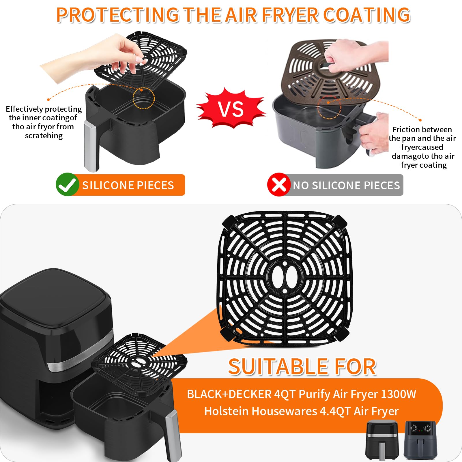 Air fryer Replacement Parts for BLACK+DECKER Purify 4QT Air Fryer, Upgrade 7.87×7.87 IN Air Fryer Pan Crisper Plate Accessories Tray Rack for Holstein Housewares 4.4QT Green Life 4.5QT Air Fryer