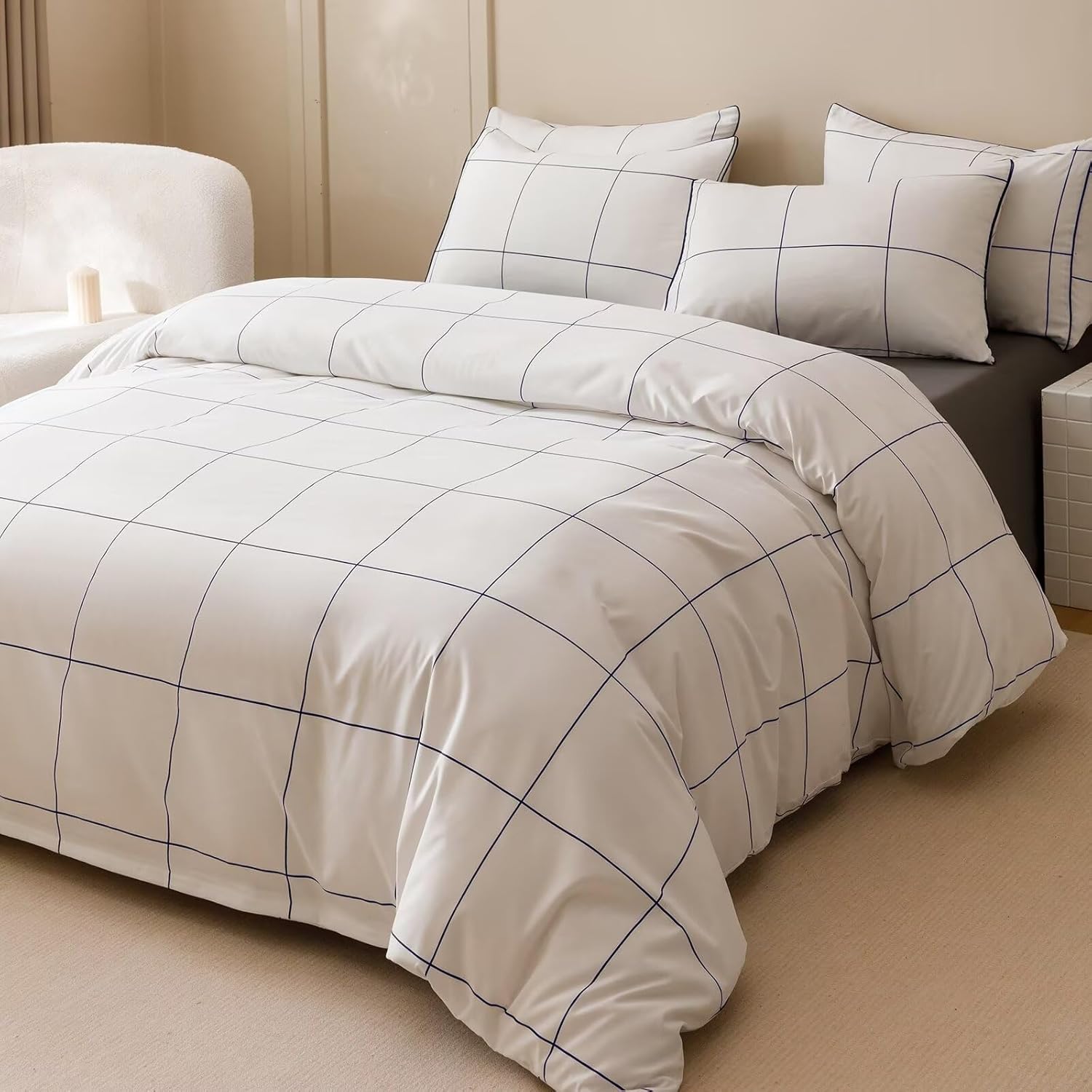 Navy Plaid Comforter Set Queen, 3 Piece Navy Line Windowpane Comforter Sets with 2 Pillow Shams, Modern Minimalist Comforter