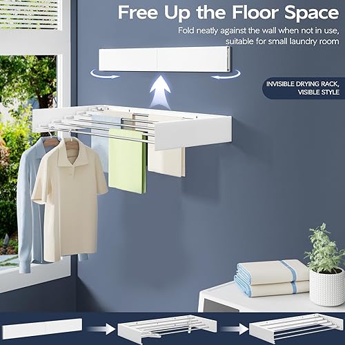 Miniatura 2 de Wall Mounted Foldable Clothes Drying Rack, 32-Inch Wide, 5 Stainless Steel Rods, Space-Saving Laundry Drying Rack with Wall Template, White