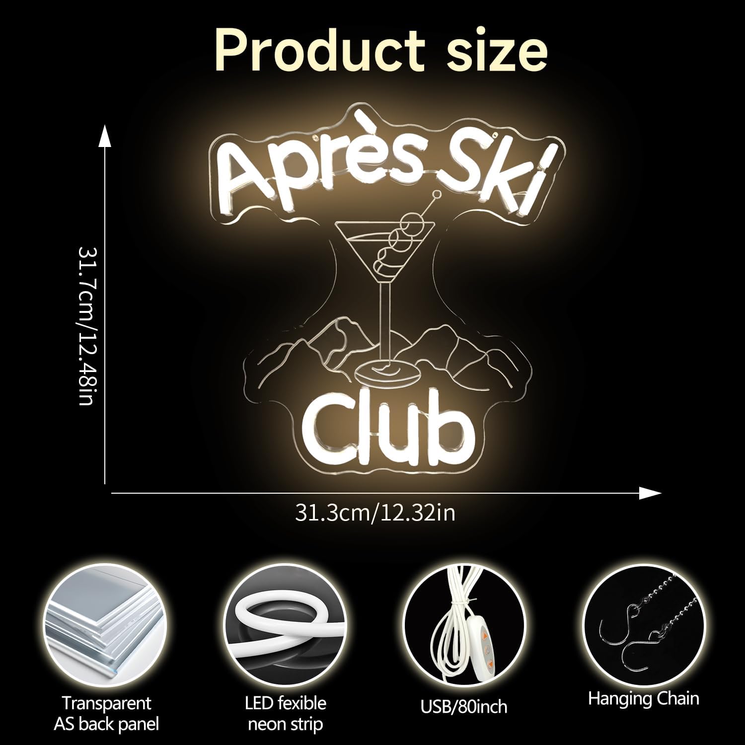 Apres Ski Club Neon Sign for Wall Decor Social Club Led Sign Dimmable Ski Mountain Cocktail Neon Light Signs for Theme Party Bar Resort Light Up Sign for Skier Cafe Wall Art Gift