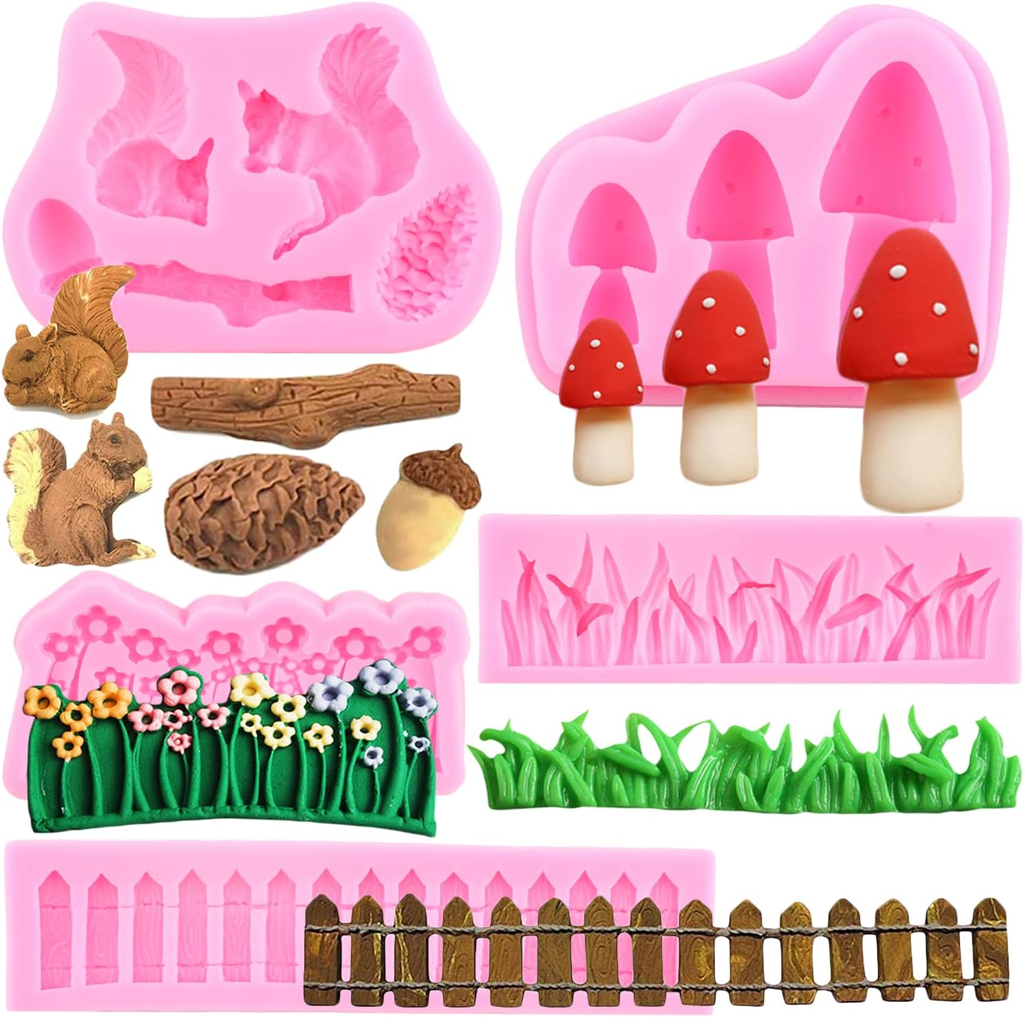 Mujiang Enchanted Vintage Fairy Garden Fairy Gnome Home Green Grass Picket Fence Silicone Molds Squirrel Pinecones Mushroom Fondant Mold For Cake Decorating Candy Chocolate Polymer Clay Set Of 5