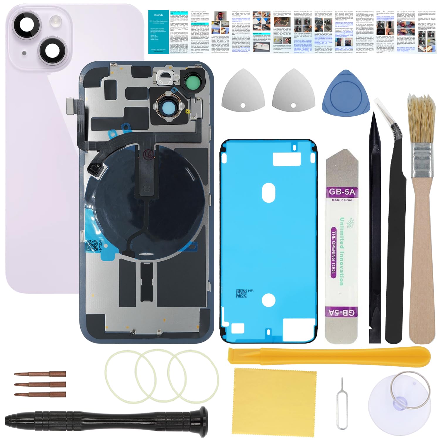 Back Cover Glass Replacement Compatible with iPhone 14 6.1-Inches All Carriers with Pre-Installed Plate +Wireless Charging Coil Flex Cable +Flashlight +Microphone +Camera Frame +Tools (Purple)