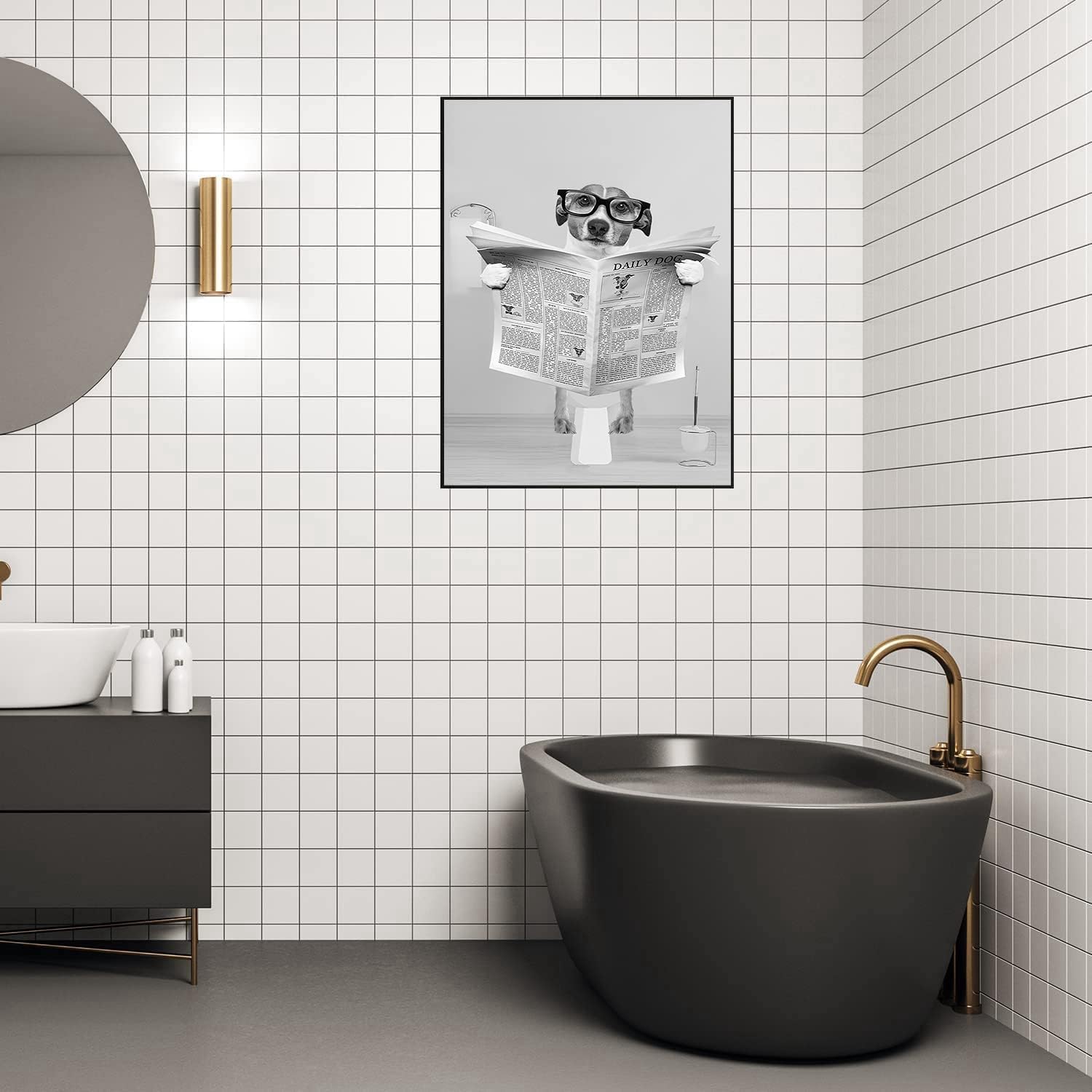 Quadro Su Tela Dazzlewall – Cane Vintage E Donne Dal Parrucchiere, Bianco E Nero, 30x40 Cm Senza Cornice