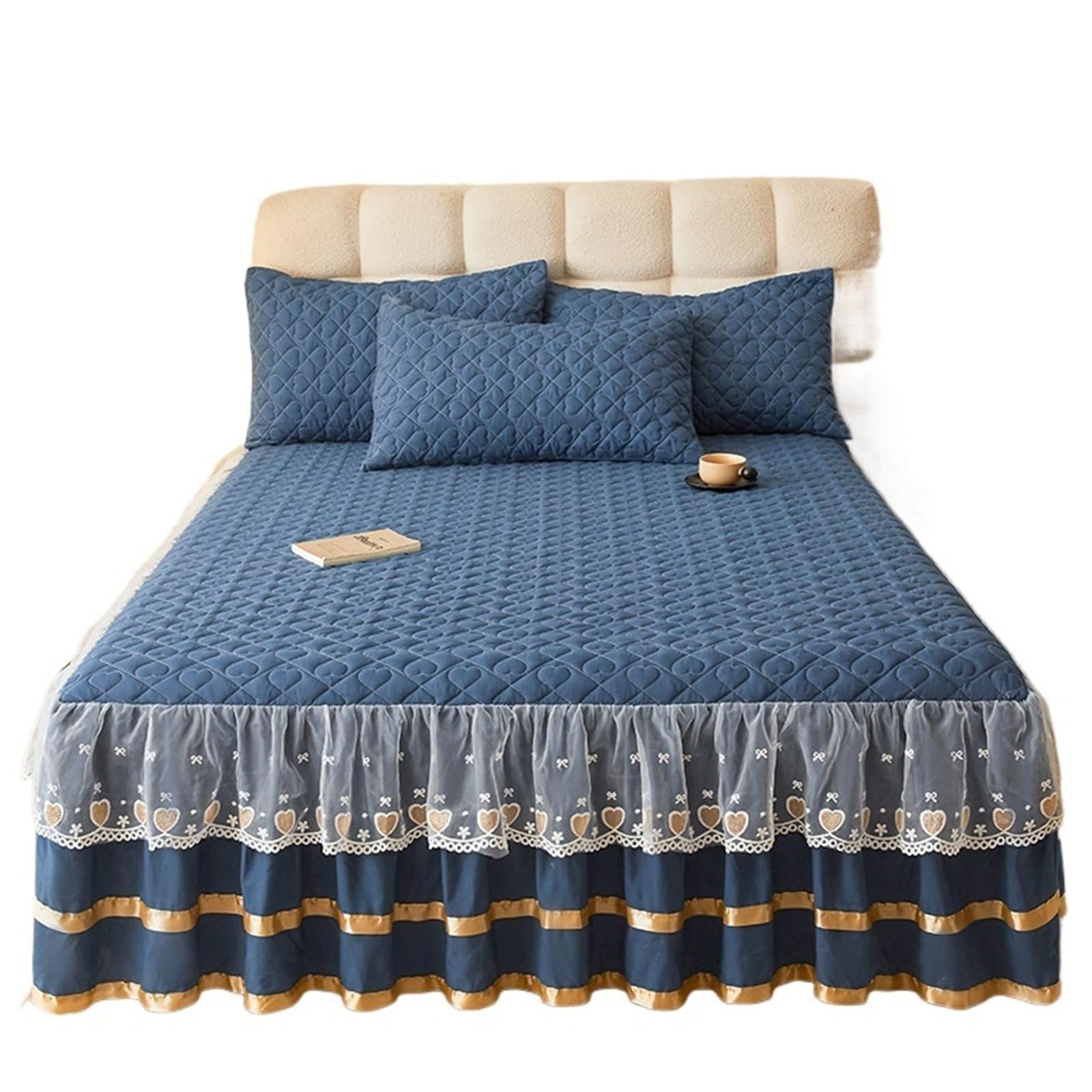 Ruffled Bed Skirt Simple Style Bed Skirt Single/Queen/King Size Bedspread Ruffles Cover Home Quilted Linen (No Pillowcase)(N,SKing 200x220cm 1pc)