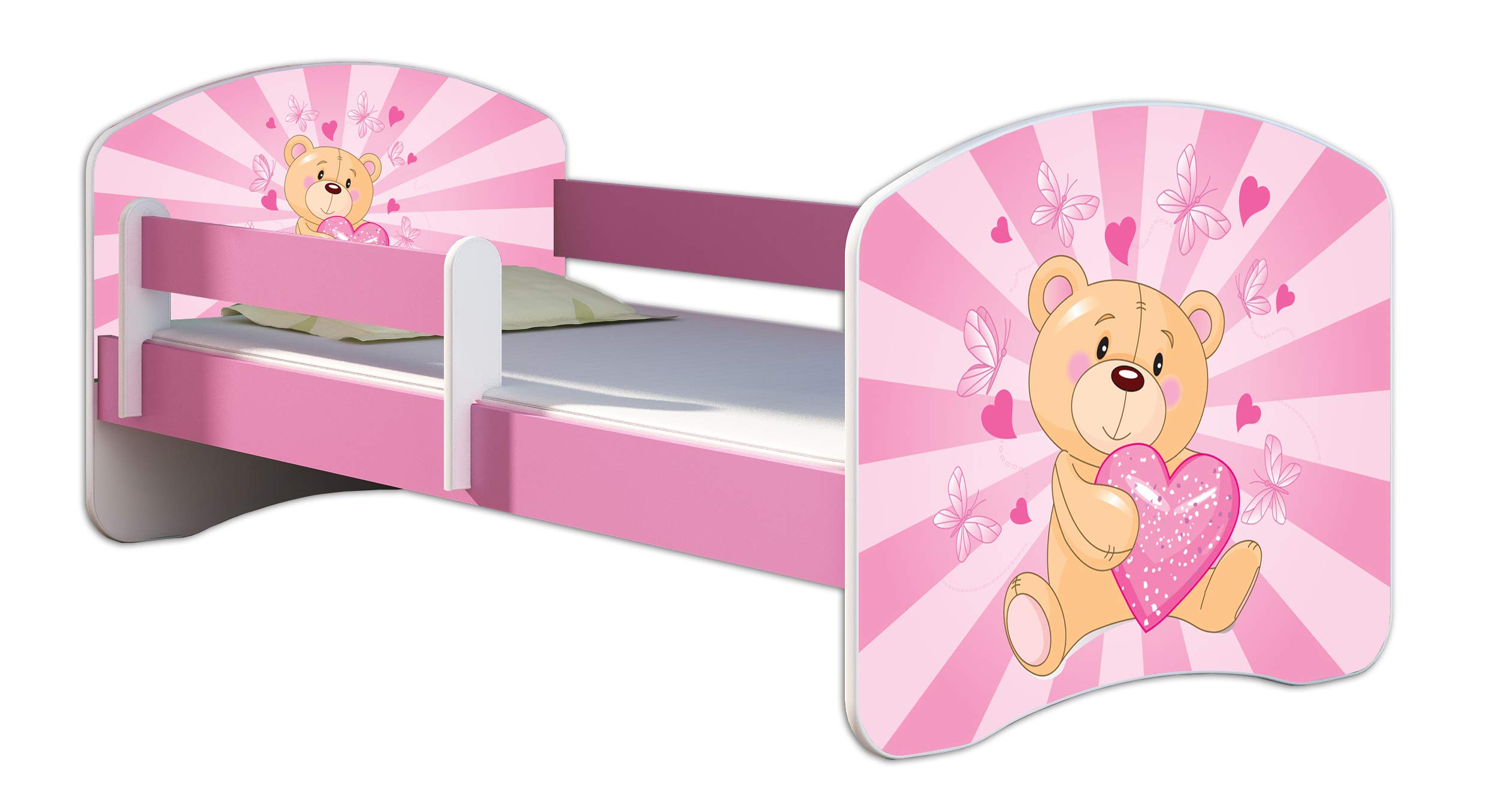 Lit enfant 80x180 complet avec matelas sommier et barrière de lit junior rose