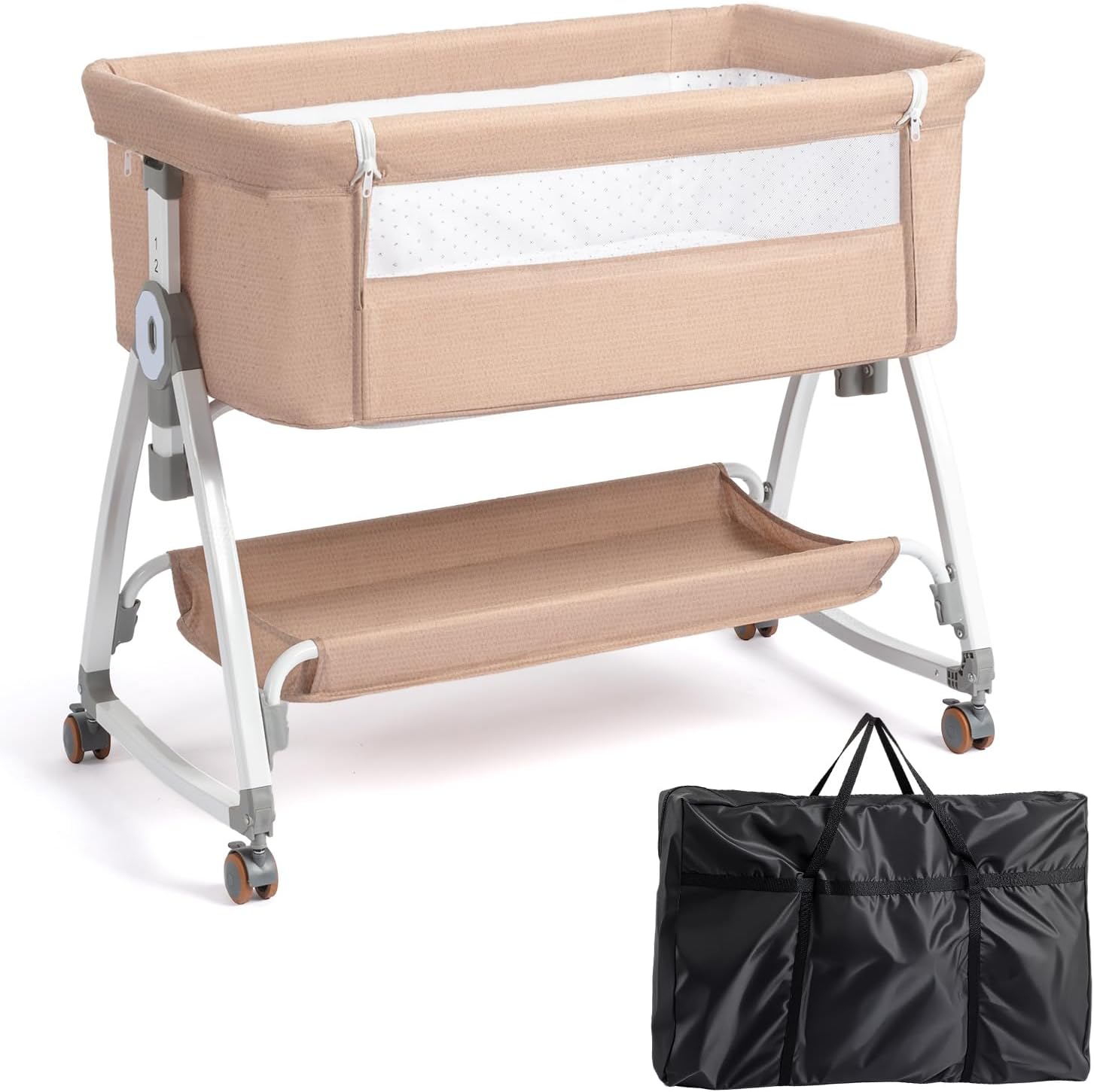 JOYMOR 3 in 1 Baby Bassinet, Bedside Bassinet for Baby, with Comfy Mattress and Wheels, 6 Height Adjustable Easy Folding Portable Bedside Crib for Newborn (Beige)