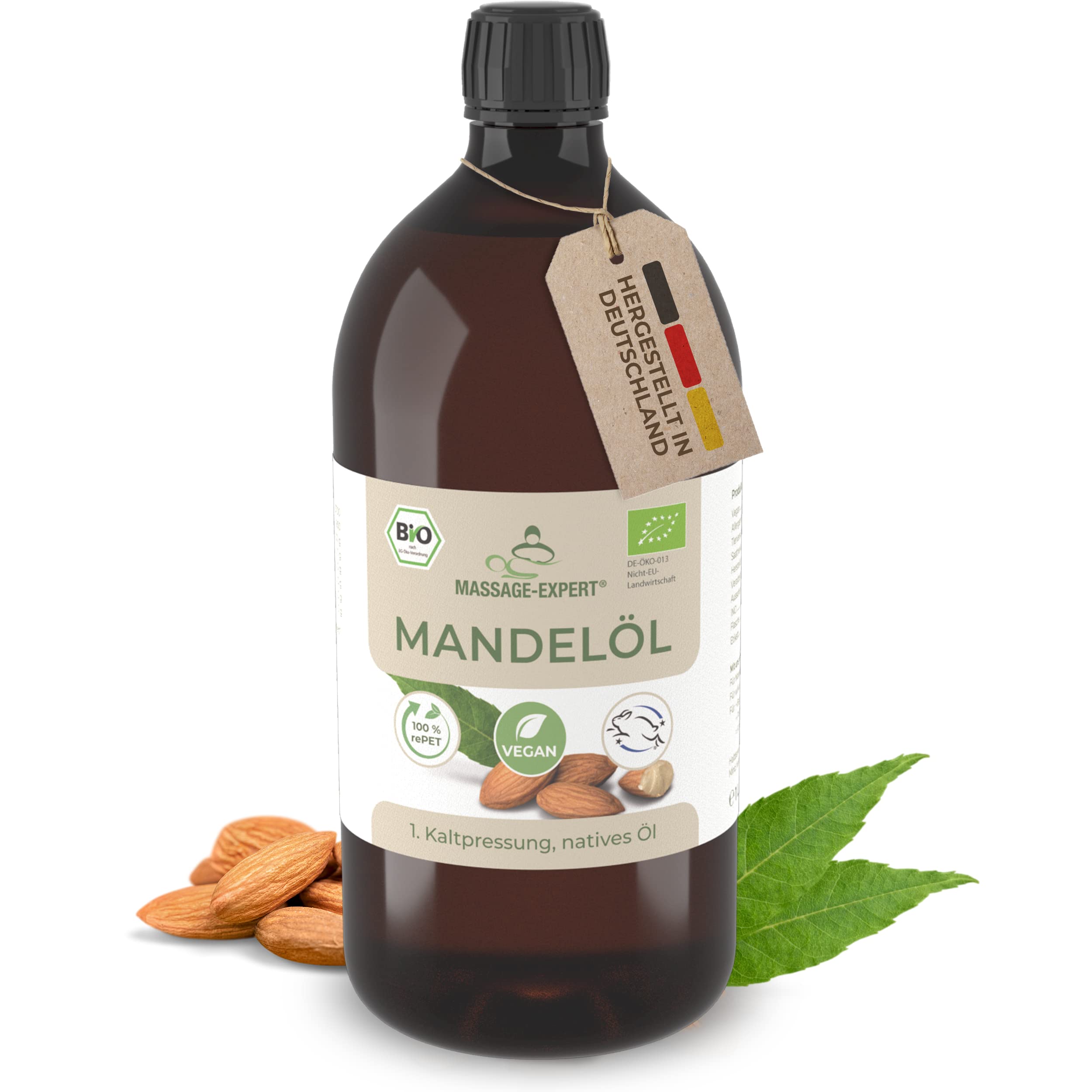 MASSAGE-EXPERT Bio Mandelöl kaltgepresst – für Massage, Babymassage, Hautpflege und Haarpflege (1 Liter rePET-Flasche mit Spritzeinsatz)